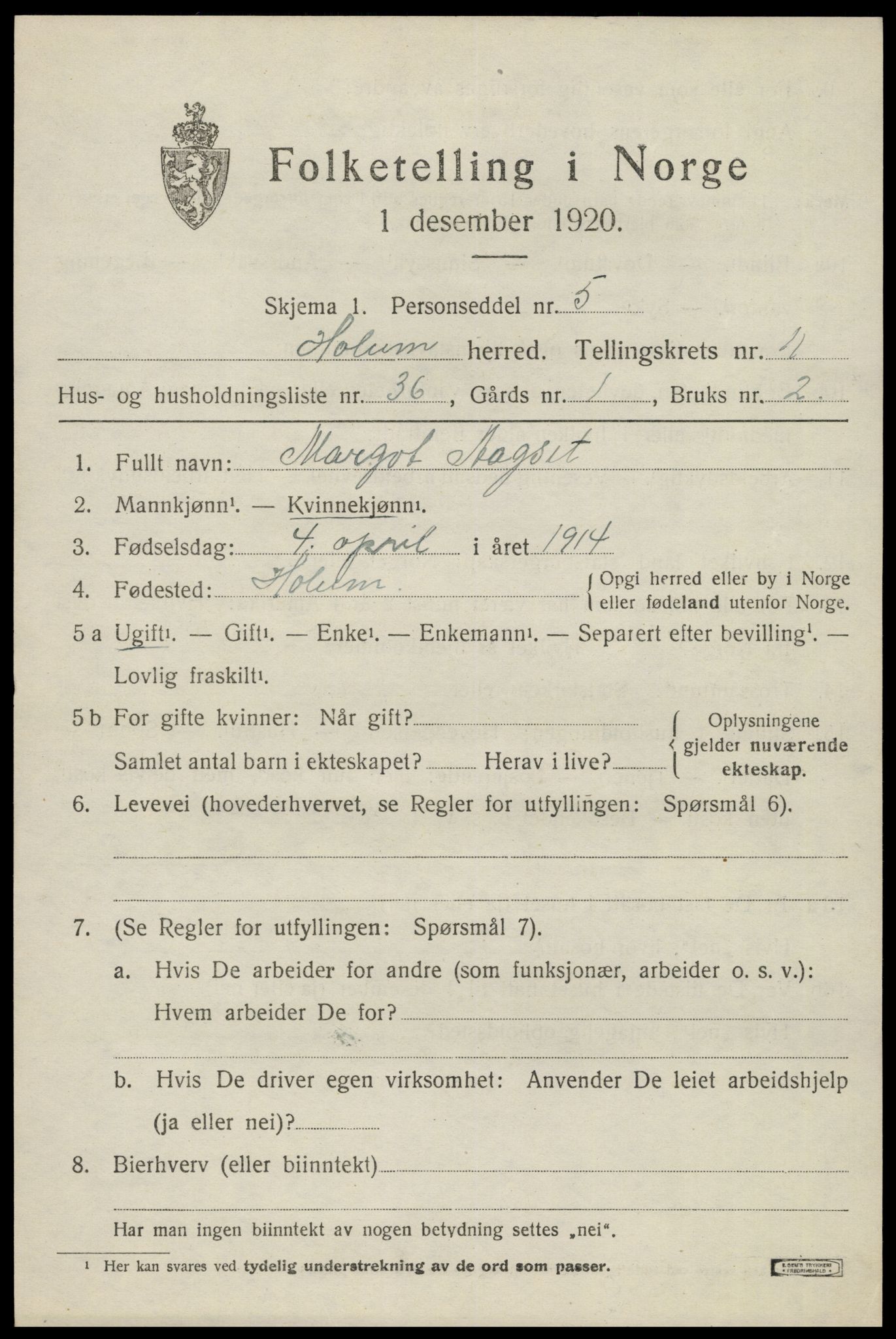 SAK, 1920 census for Holum, 1920, p. 3095