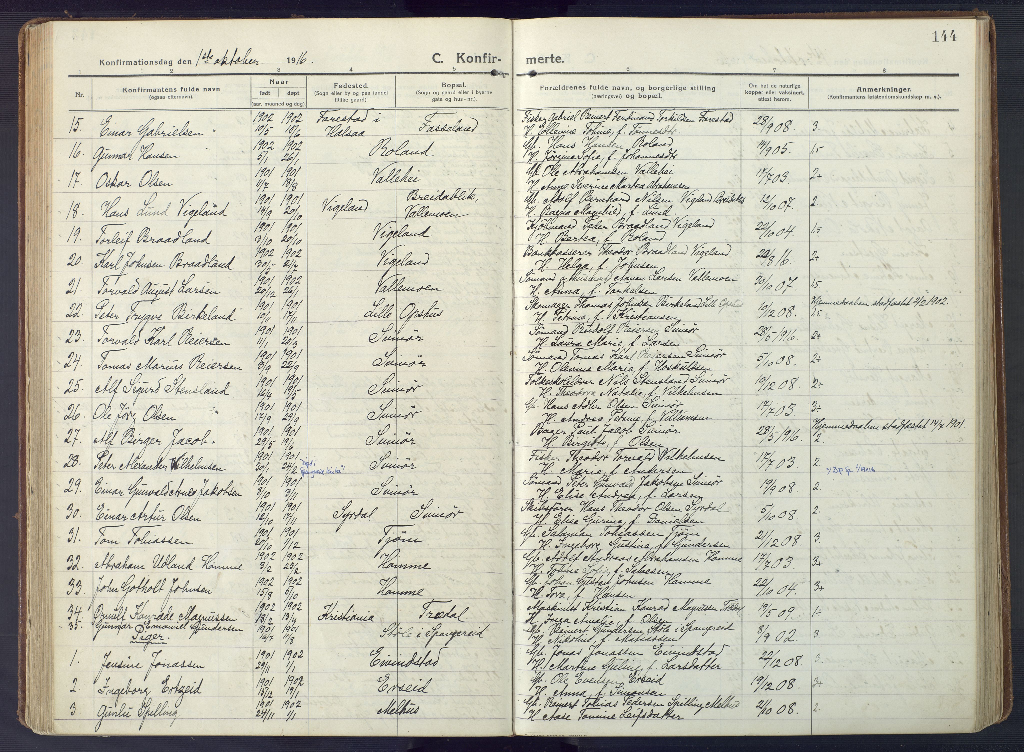 Sør-Audnedal sokneprestkontor, AV/SAK-1111-0039/F/Fa/Fab/L0011: Parish register (official) no. A 11, 1912-1938, p. 144