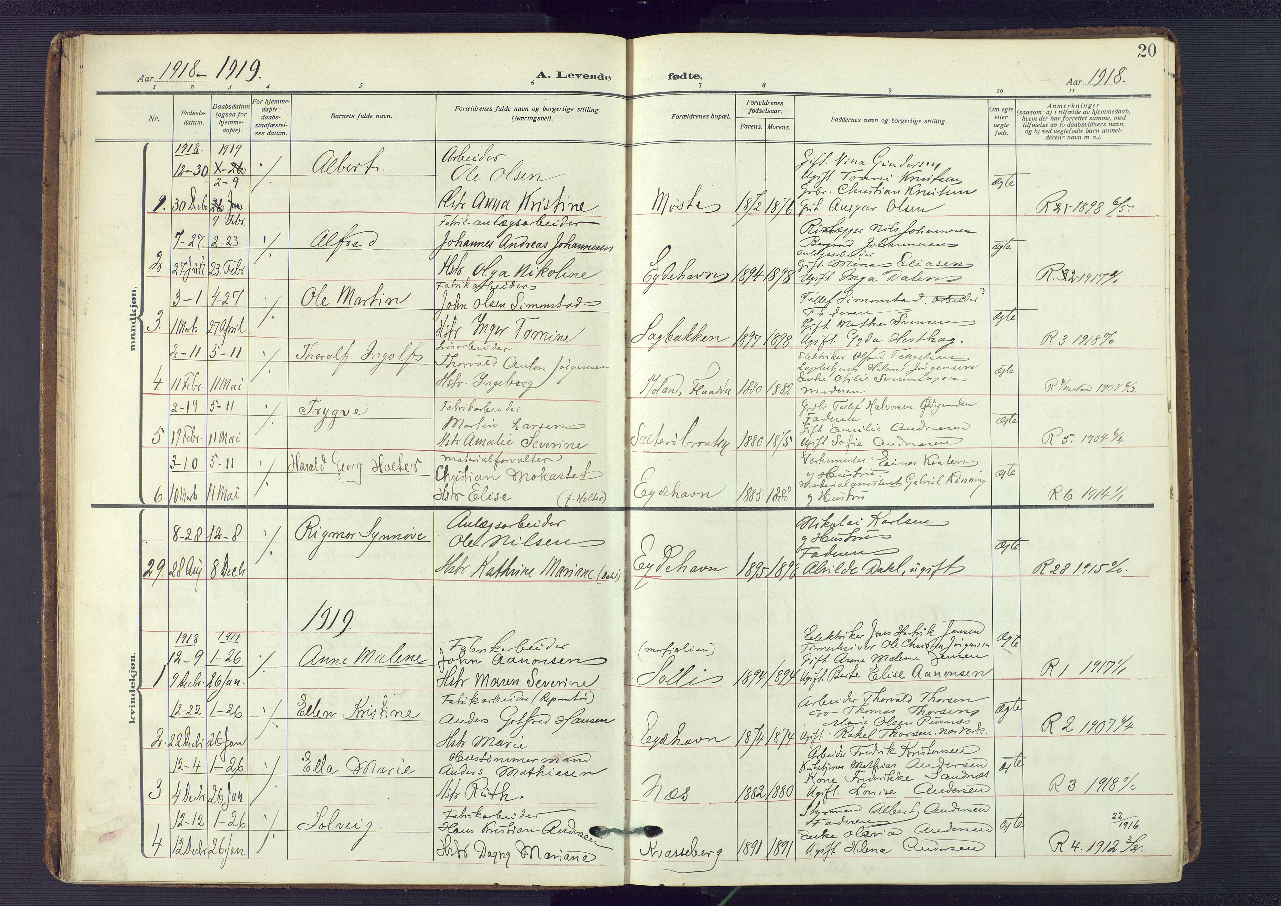 Austre Moland sokneprestkontor, SAK/1111-0001/F/Fa/Fab/L0003: Parish register (official) no. A 3, 1914-1927, p. 20