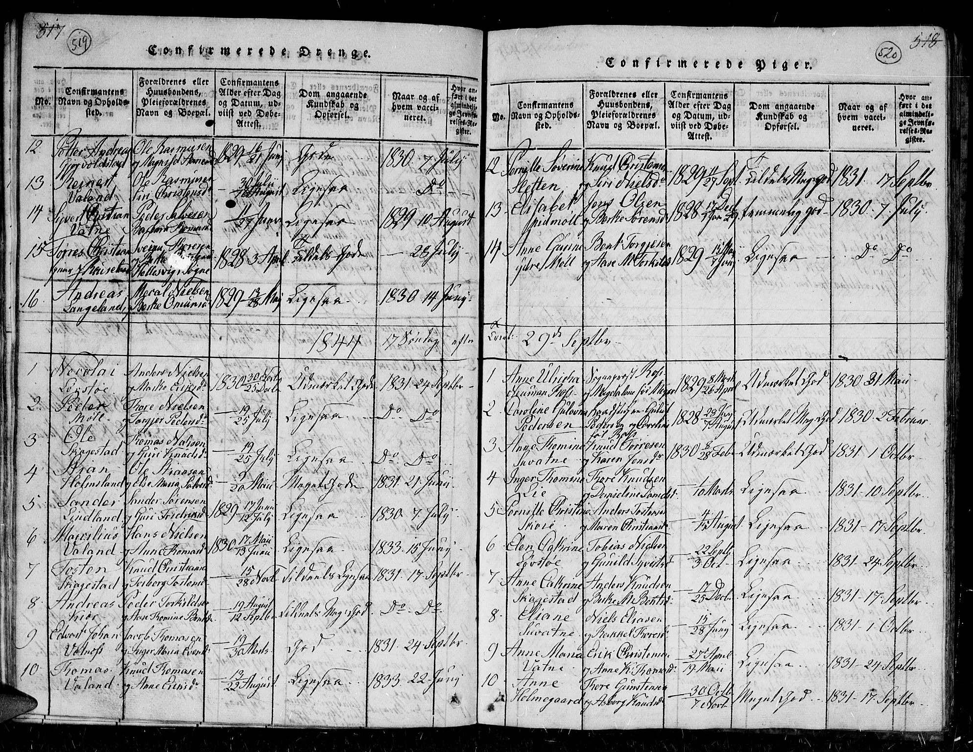 Holum sokneprestkontor, AV/SAK-1111-0022/F/Fb/Fba/L0002: Parish register (copy) no. B 2, 1820-1849, p. 519-520