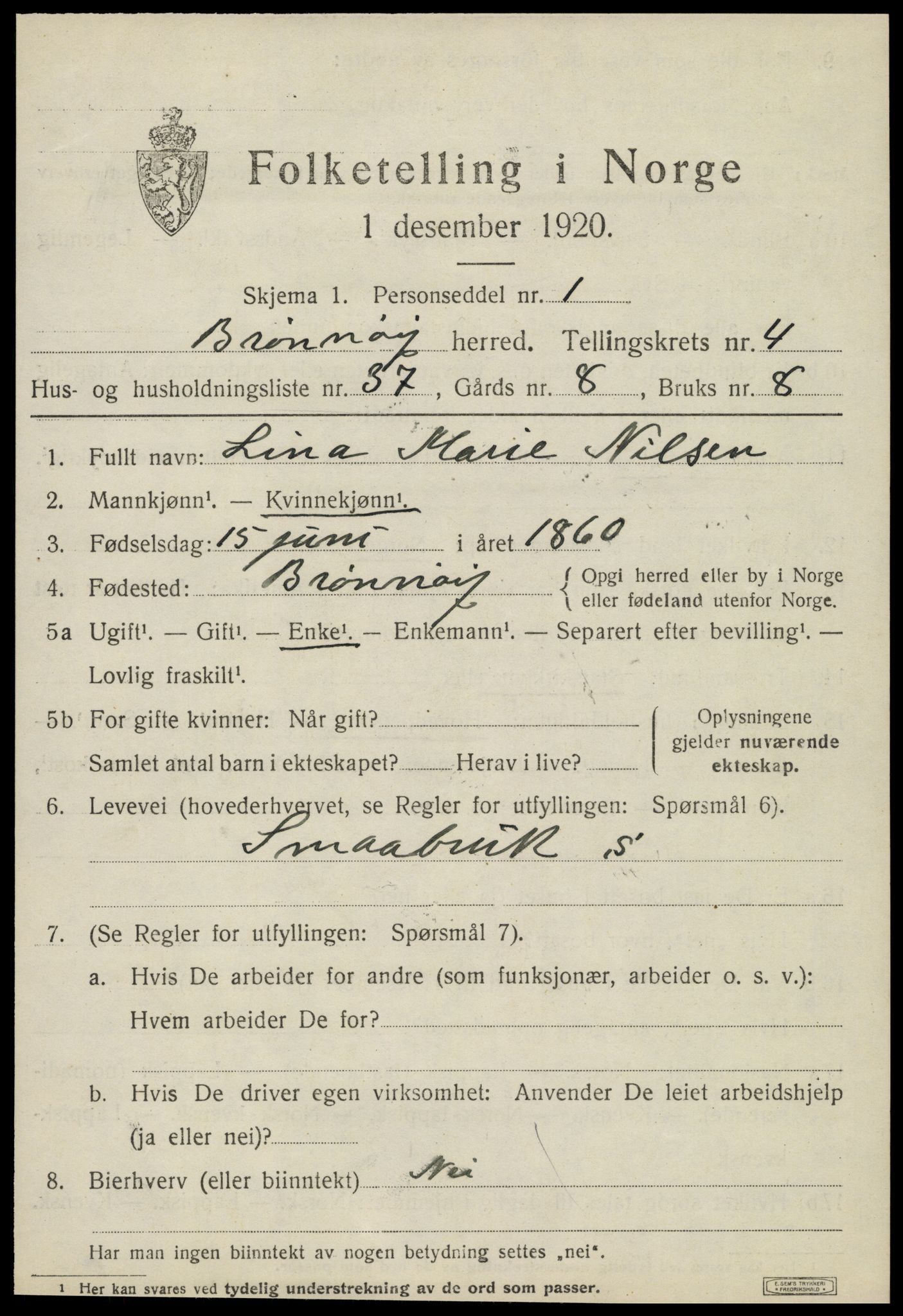 SAT, 1920 census for Brønnøy, 1920, p. 3748