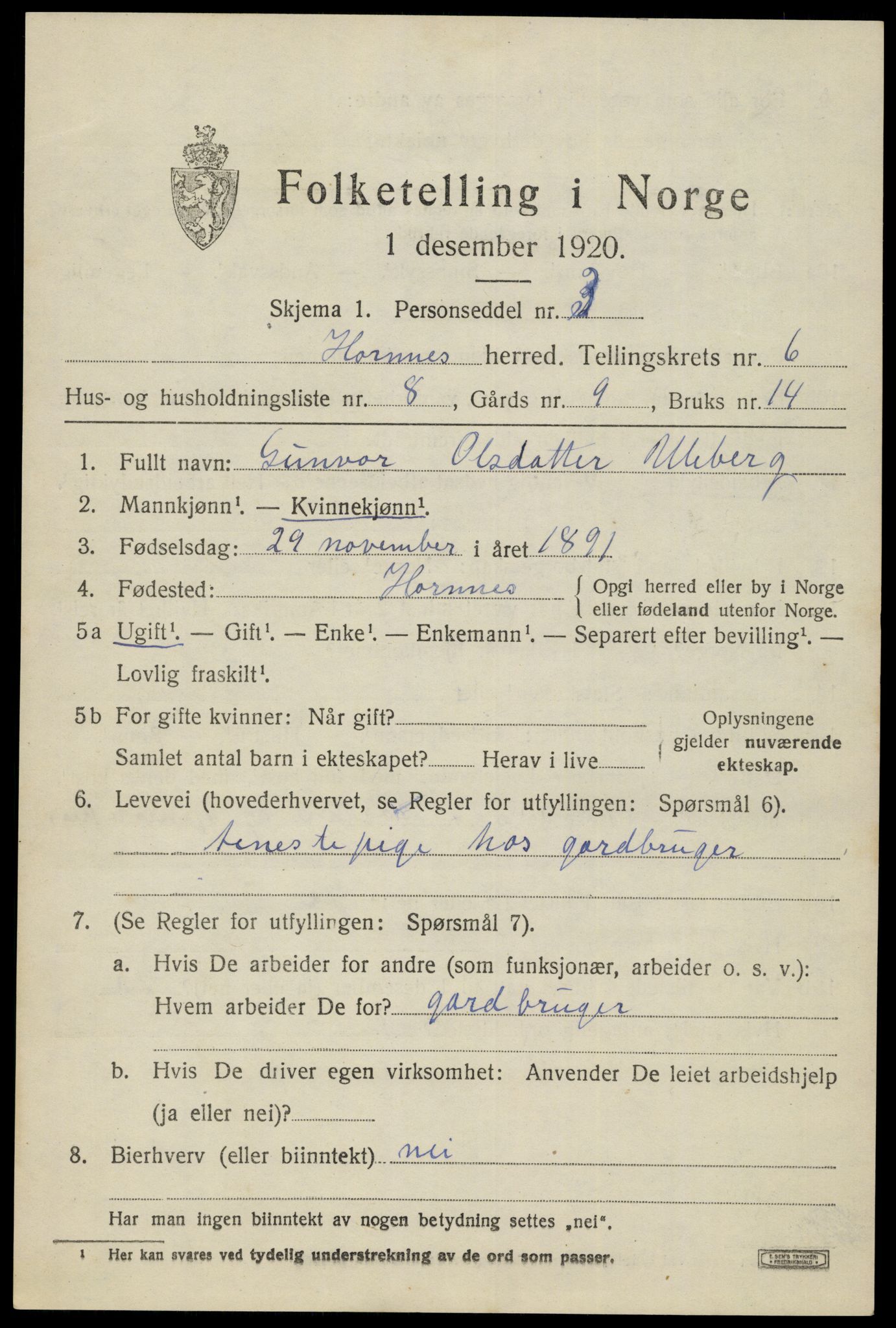 SAK, 1920 census for Hornnes, 1920, p. 1637