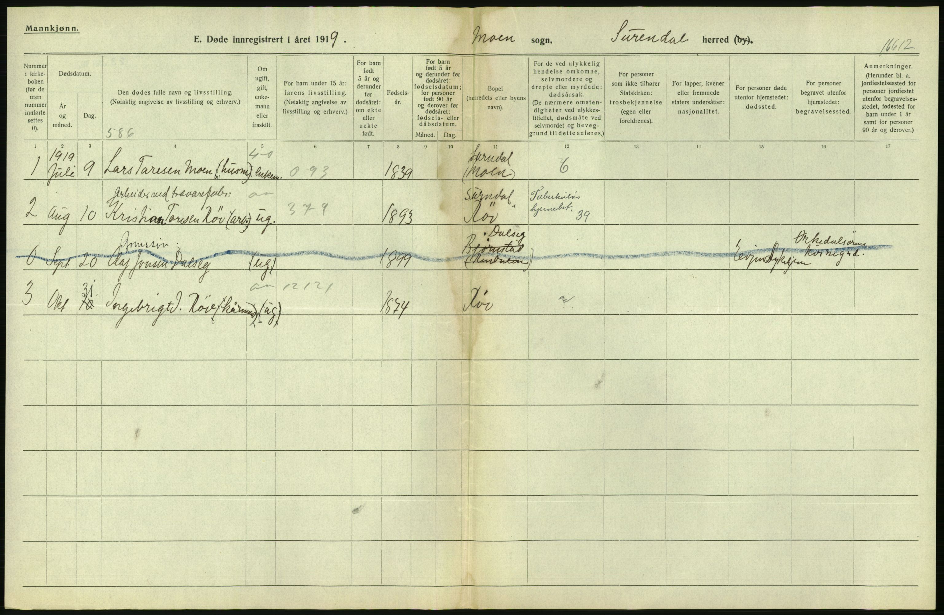 Statistisk sentralbyrå, Sosiodemografiske emner, Befolkning, AV/RA-S-2228/D/Df/Dfb/Dfbi/L0042: Møre fylke: Døde. Bygder og byer., 1919, p. 206