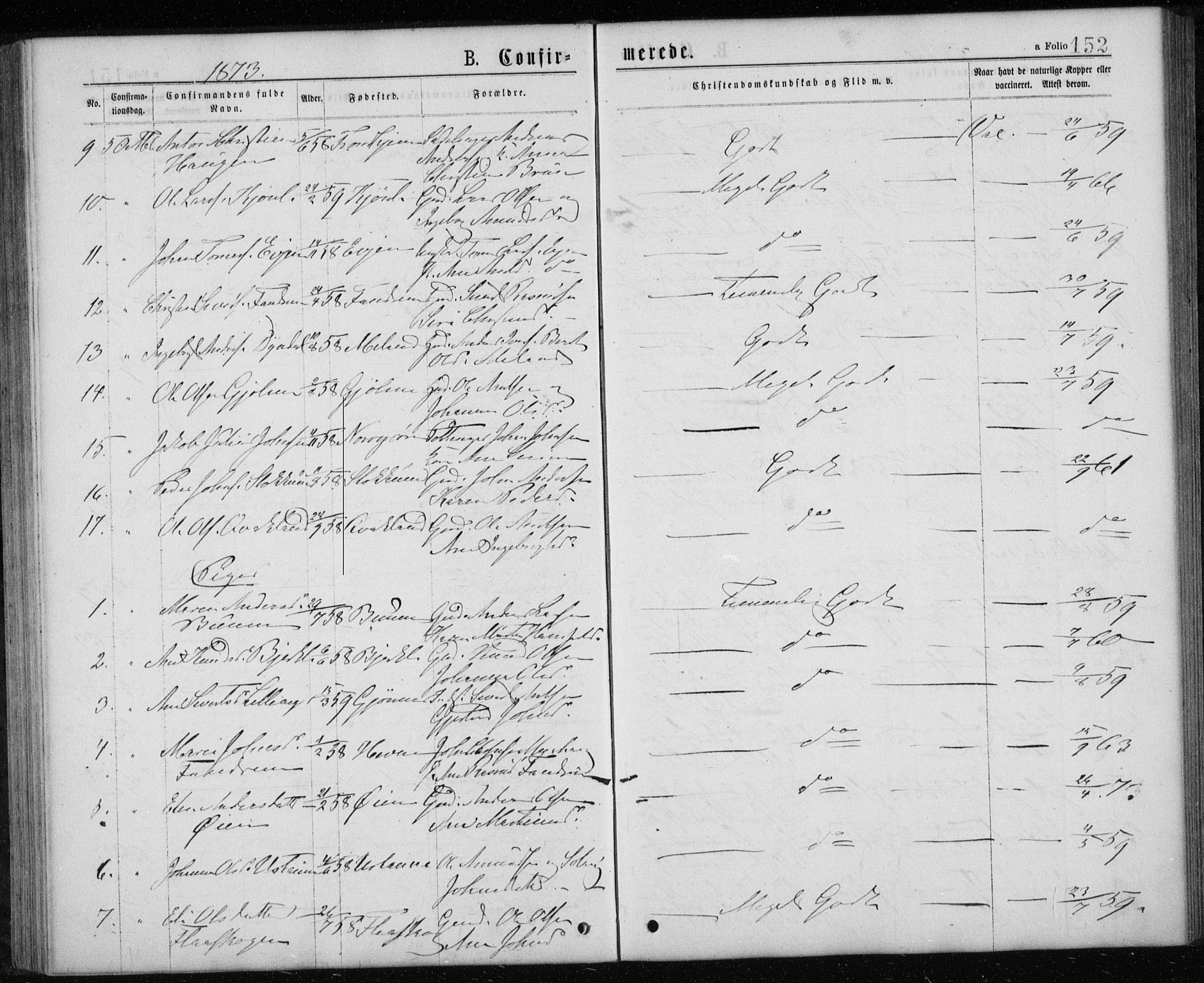 Ministerialprotokoller, klokkerbøker og fødselsregistre - Sør-Trøndelag, SAT/A-1456/668/L0817: Parish register (copy) no. 668C06, 1873-1884, p. 152