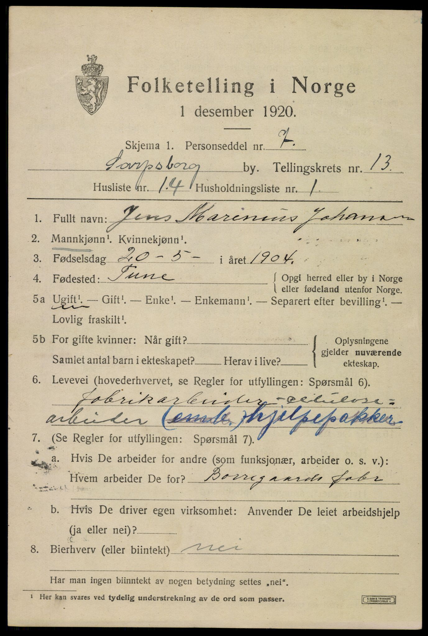 SAO, 1920 census for Sarpsborg, 1920, p. 28234