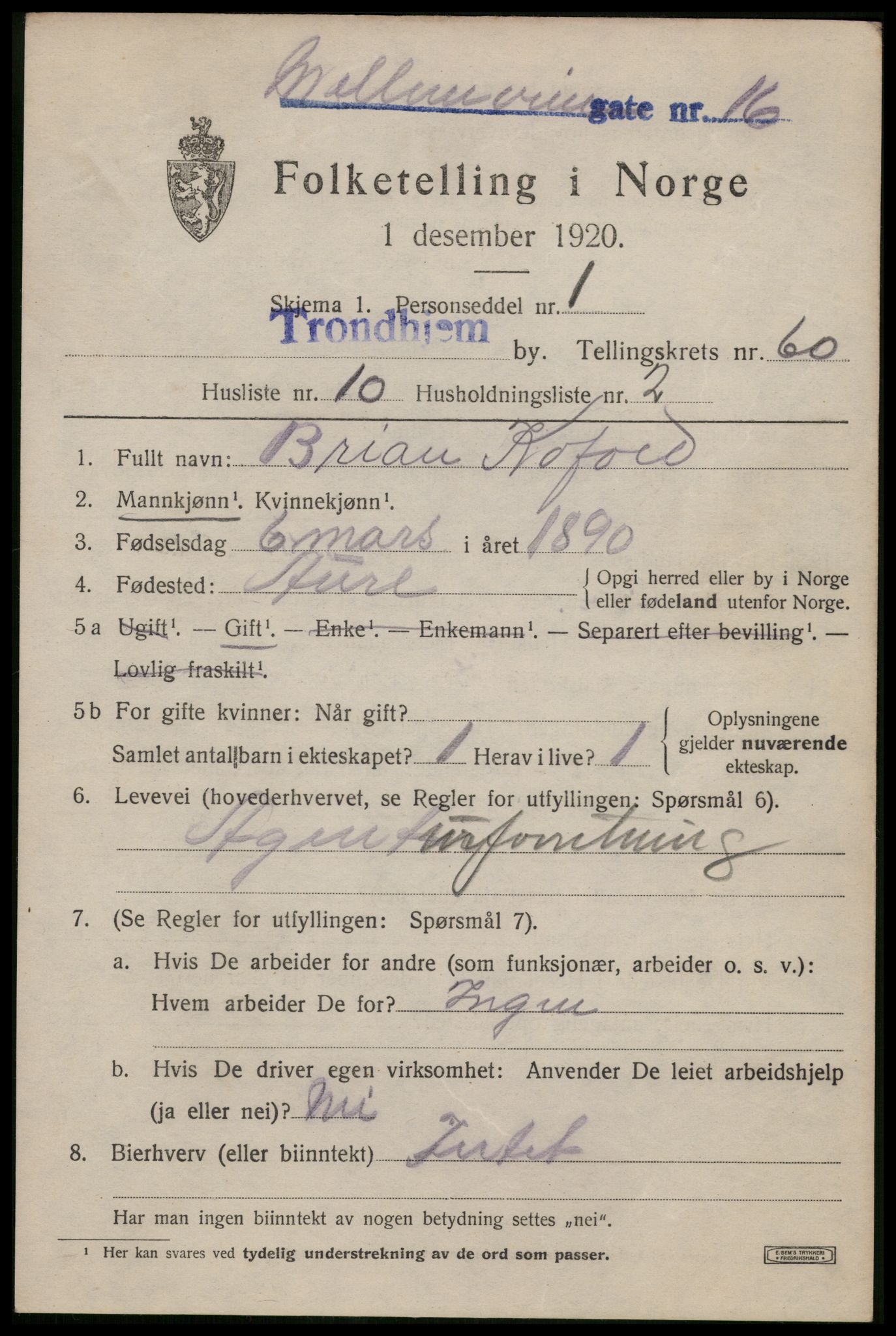 SAT, 1920 census for Trondheim, 1920, p. 121842