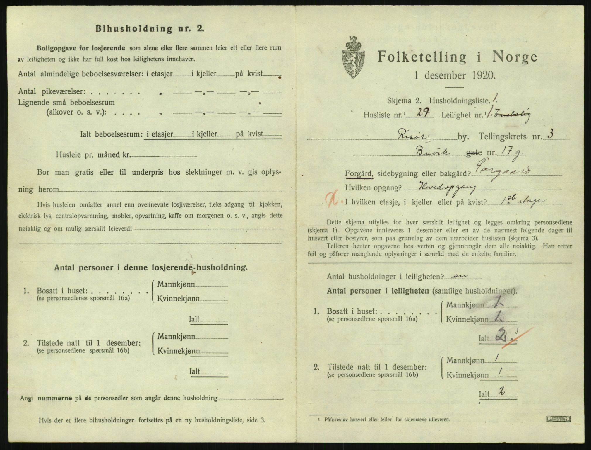 SAK, 1920 census for Risør, 1920, p. 2603