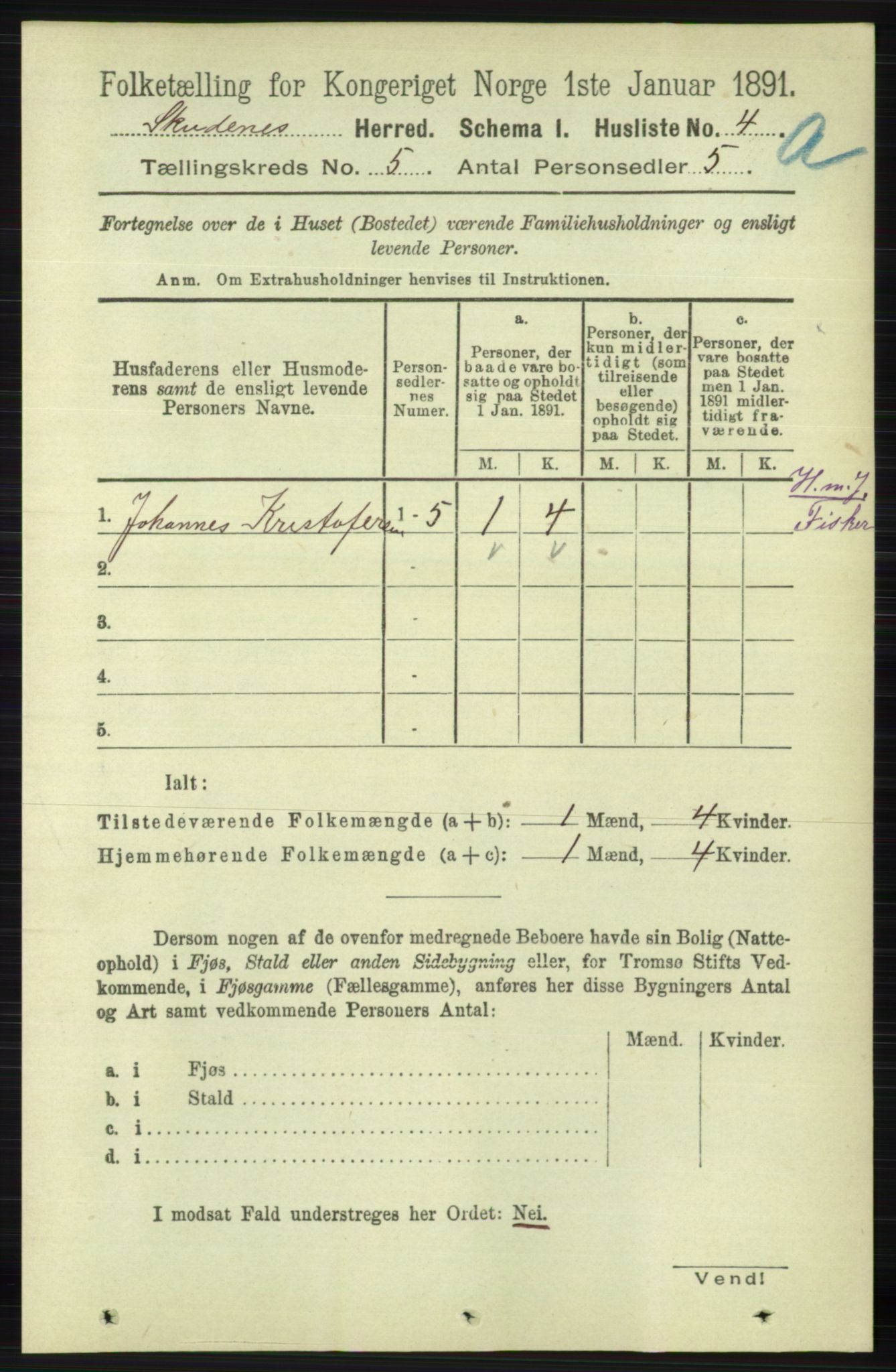 RA, 1891 census for 1150 Skudenes, 1891, p. 2458