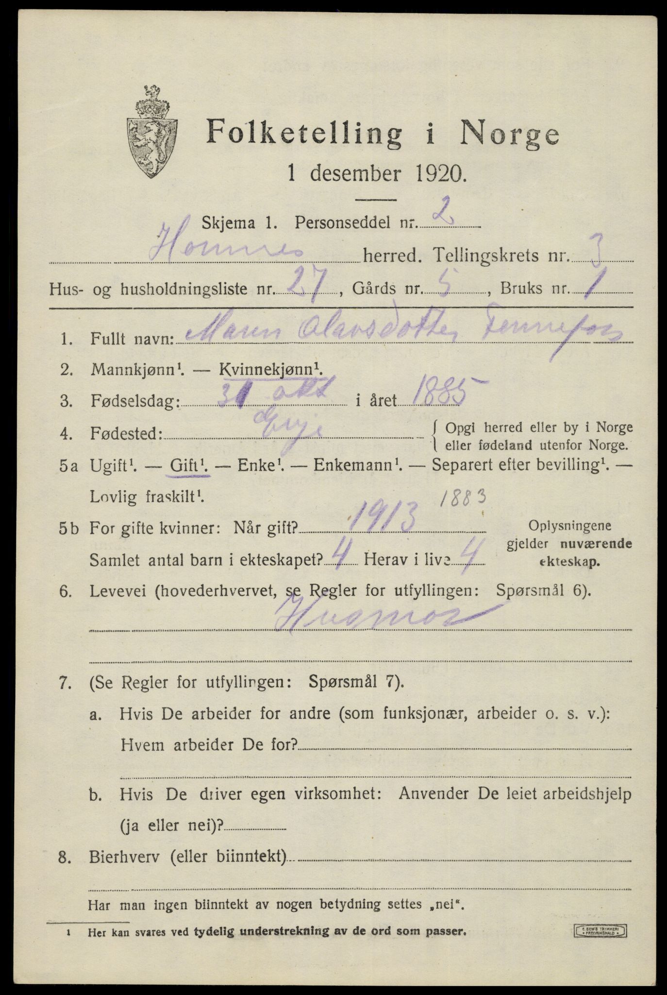 SAK, 1920 census for Hornnes, 1920, p. 1123