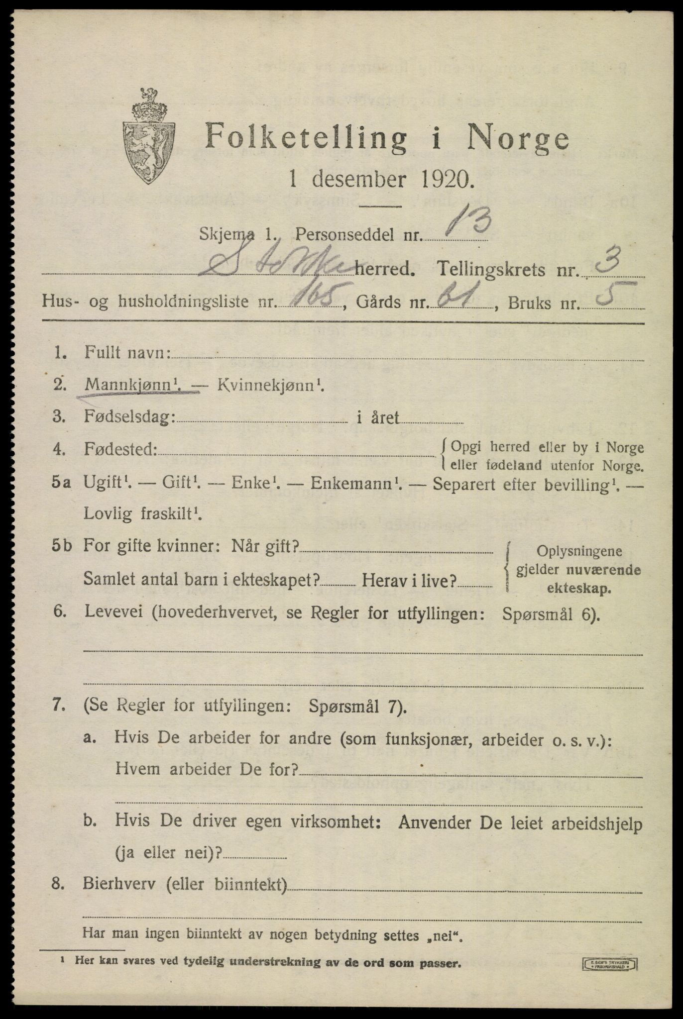 SAKO, 1920 census for Stokke, 1920, p. 5918