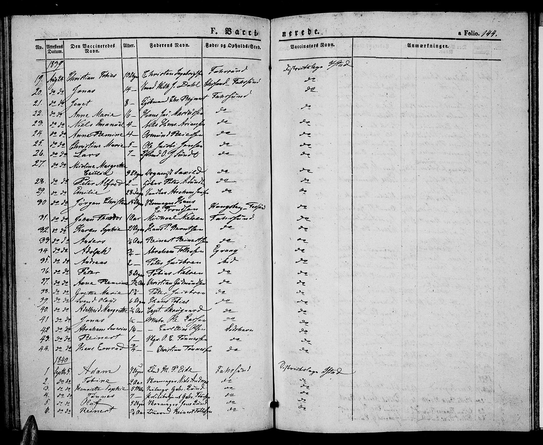 Farsund sokneprestkontor, AV/SAK-1111-0009/F/Fa/L0003: Parish register (official) no. A 3, 1836-1846, p. 144