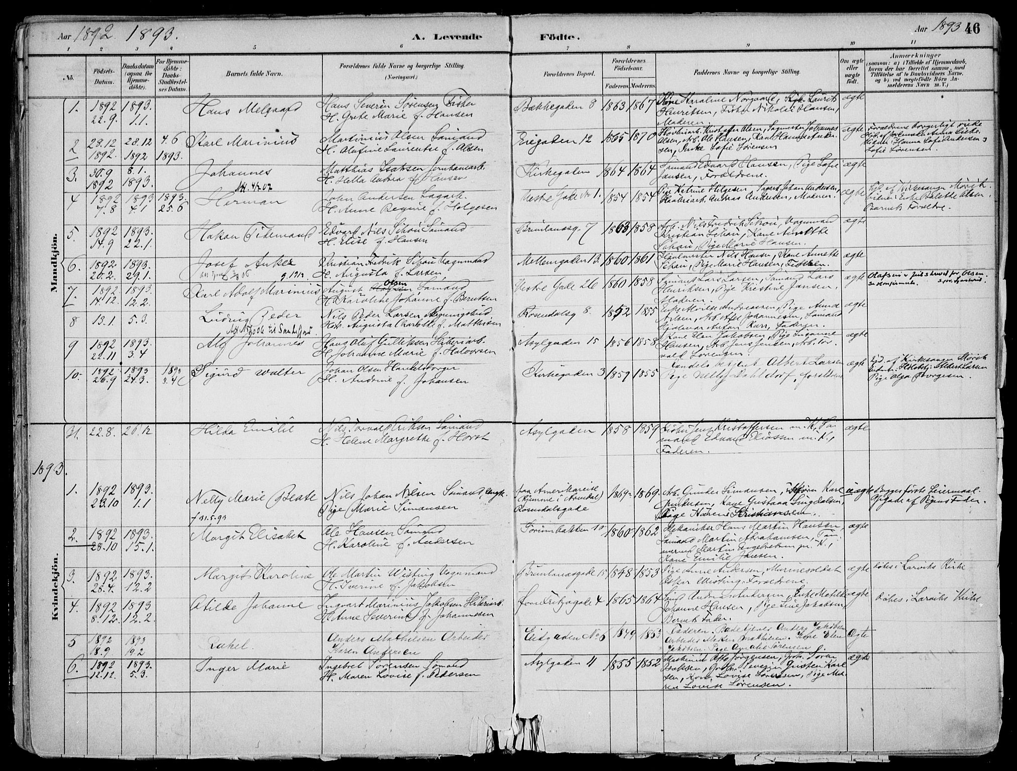 Larvik kirkebøker, AV/SAKO-A-352/F/Fb/L0004: Parish register (official) no. II 4, 1884-1902, p. 46