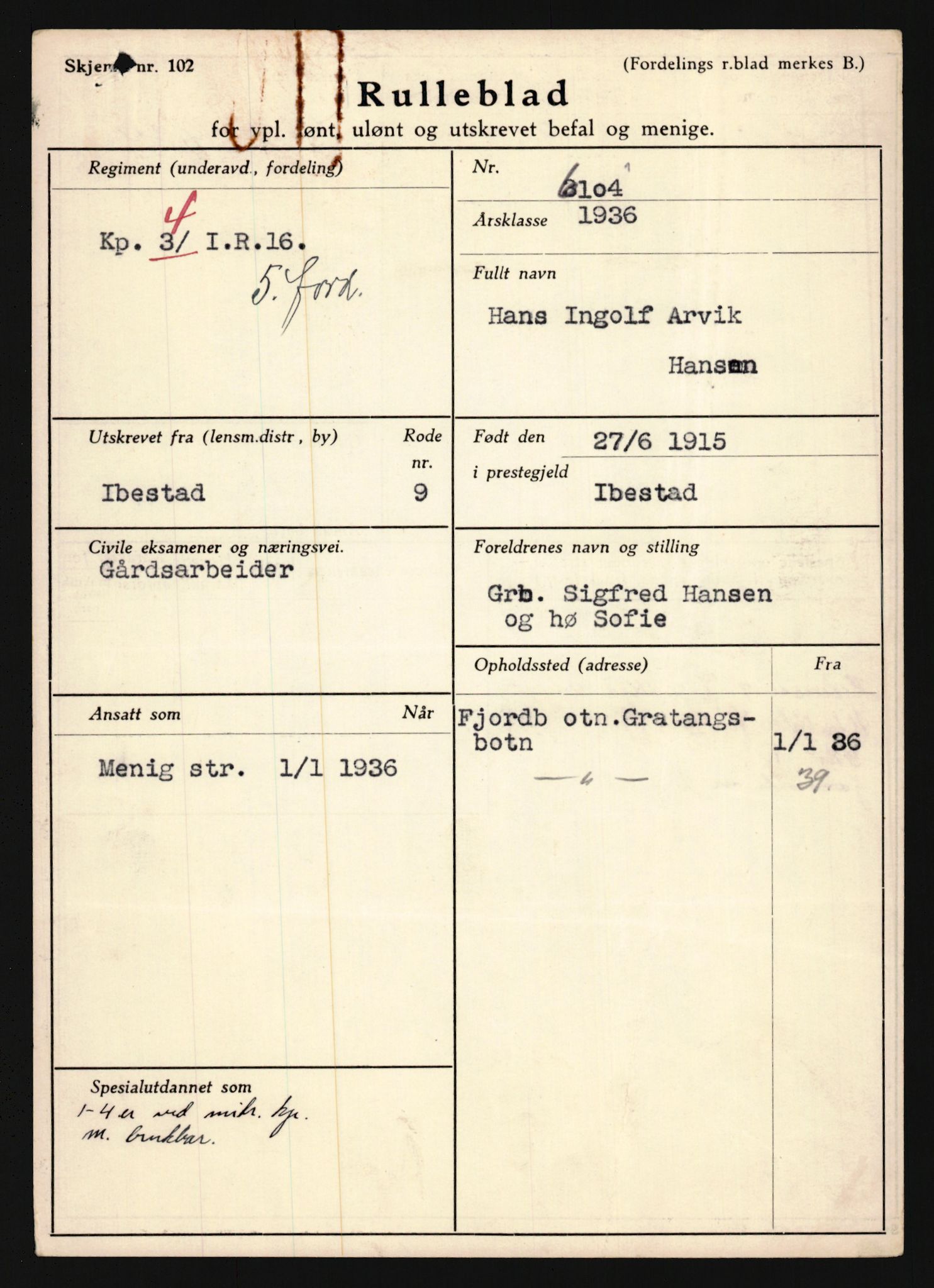 Forsvaret, Troms infanteriregiment nr. 16, AV/RA-RAFA-3146/P/Pa/L0020: Rulleblad for regimentets menige mannskaper, årsklasse 1936, 1936, p. 331