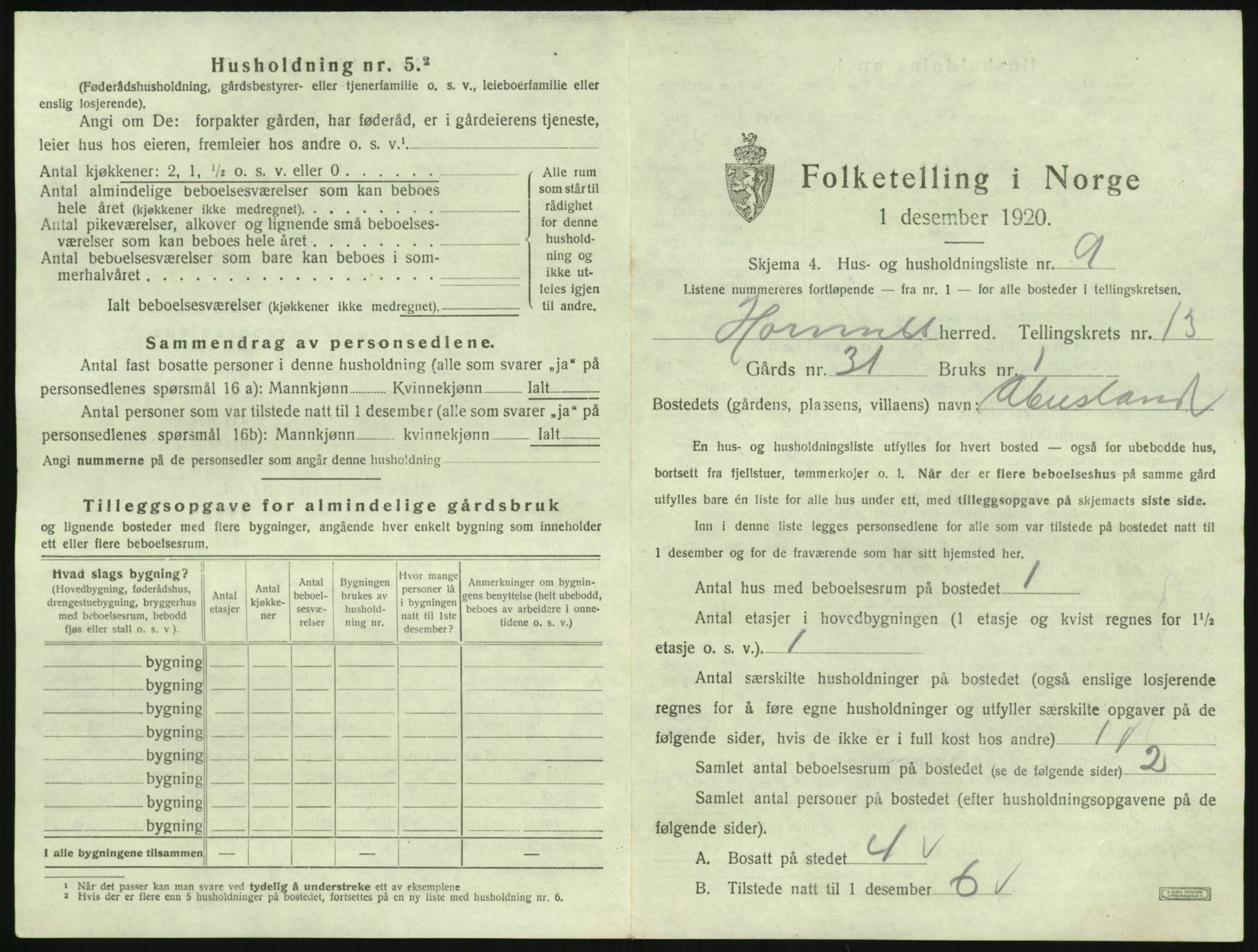 SAK, 1920 census for Hornnes, 1920, p. 521