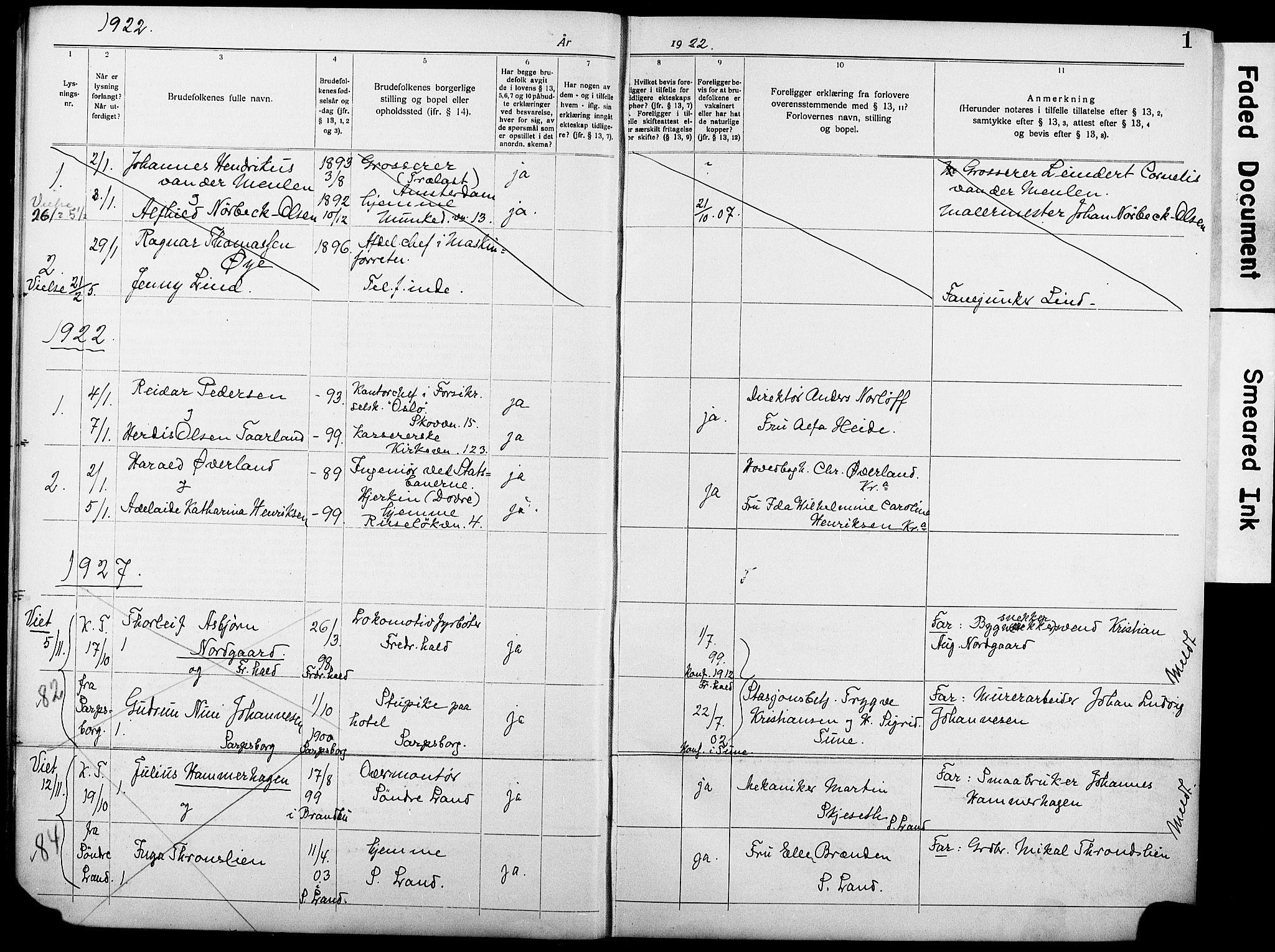 Garnisonsmenigheten Kirkebøker, AV/SAO-A-10846/H/Ha/L0010: Banns register no. I 10, 1922-1932, p. 1