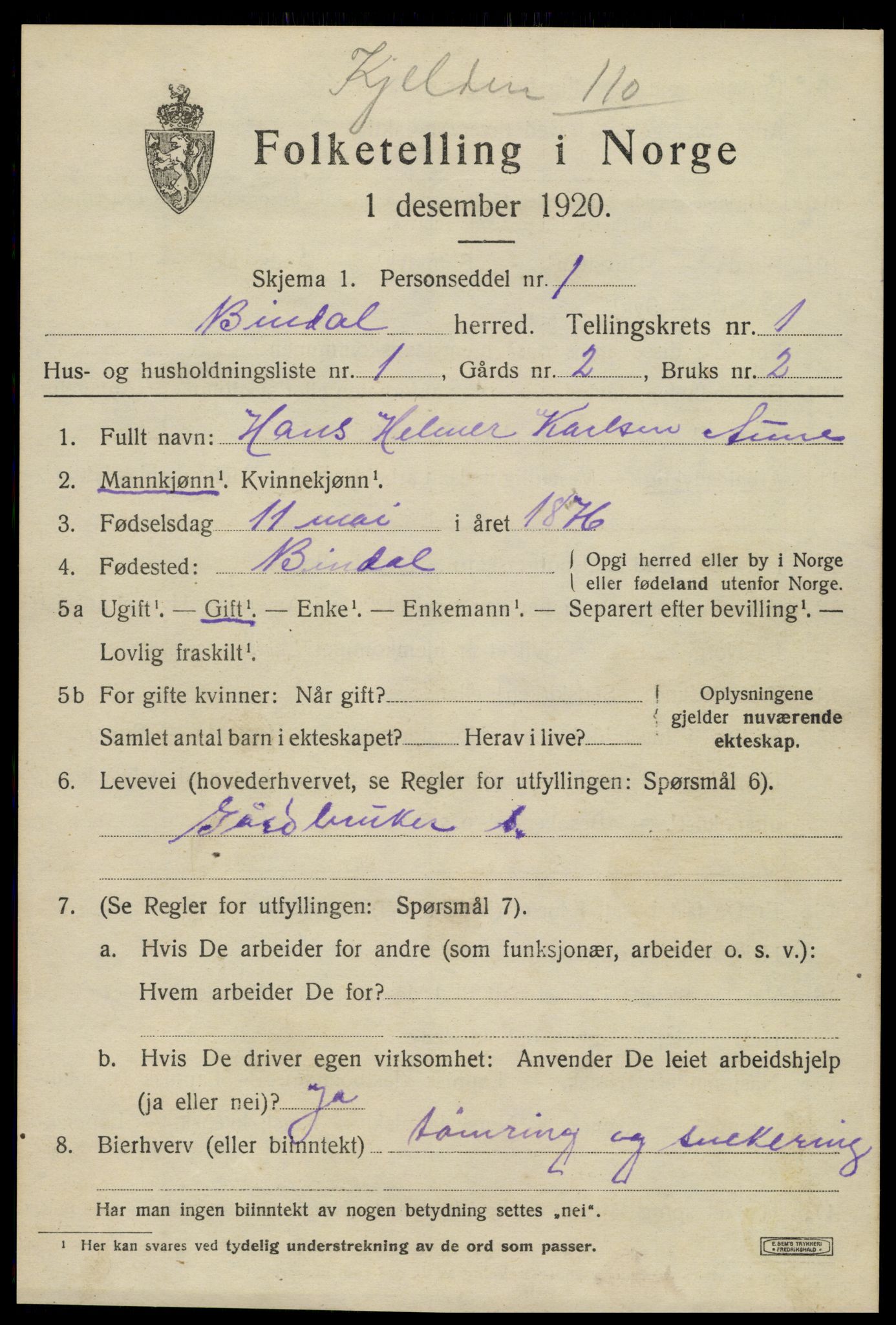 SAT, 1920 census for Bindal, 1920, p. 875