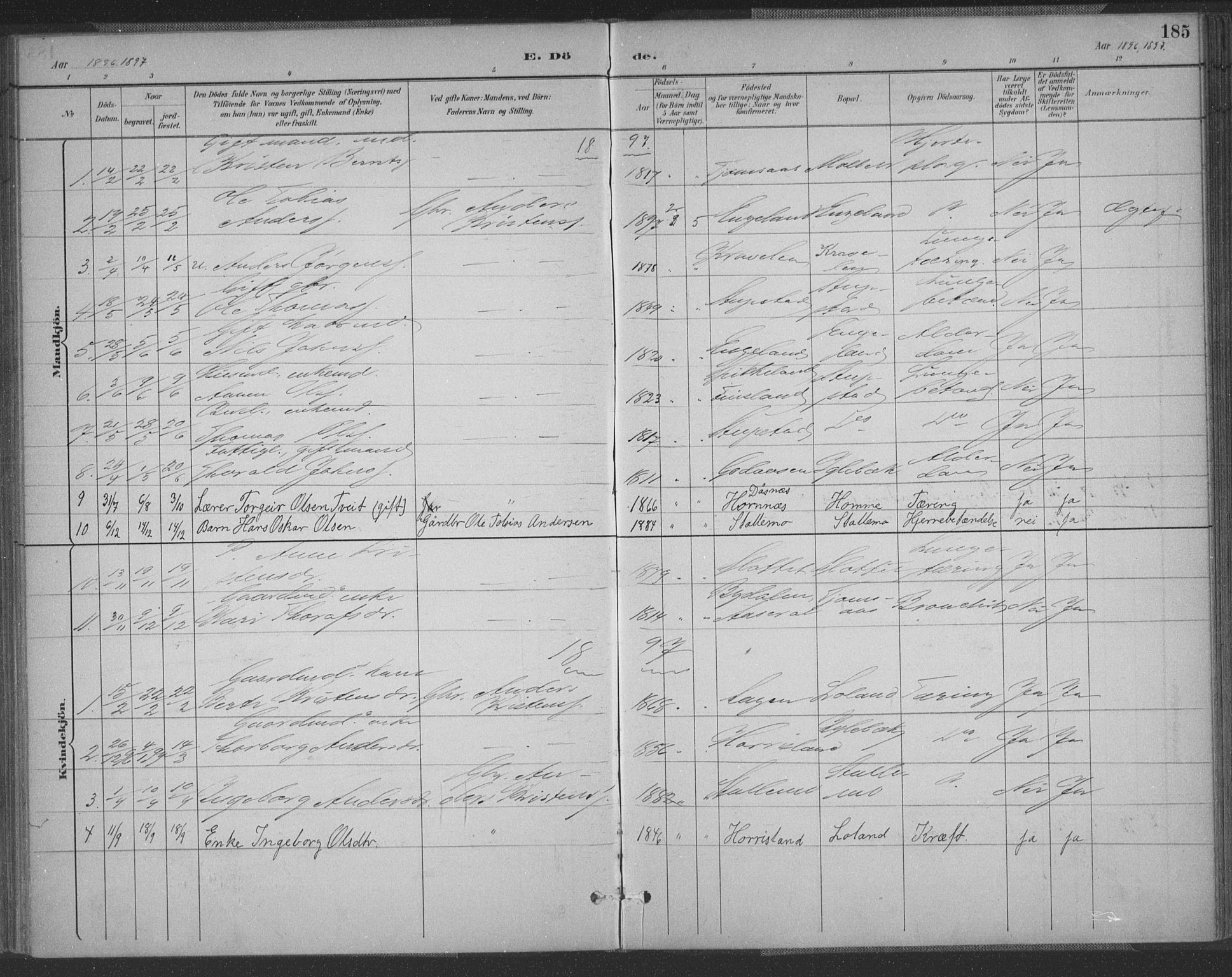 Vennesla sokneprestkontor, AV/SAK-1111-0045/Fa/Fac/L0009: Parish register (official) no. A 9, 1884-1901, p. 185