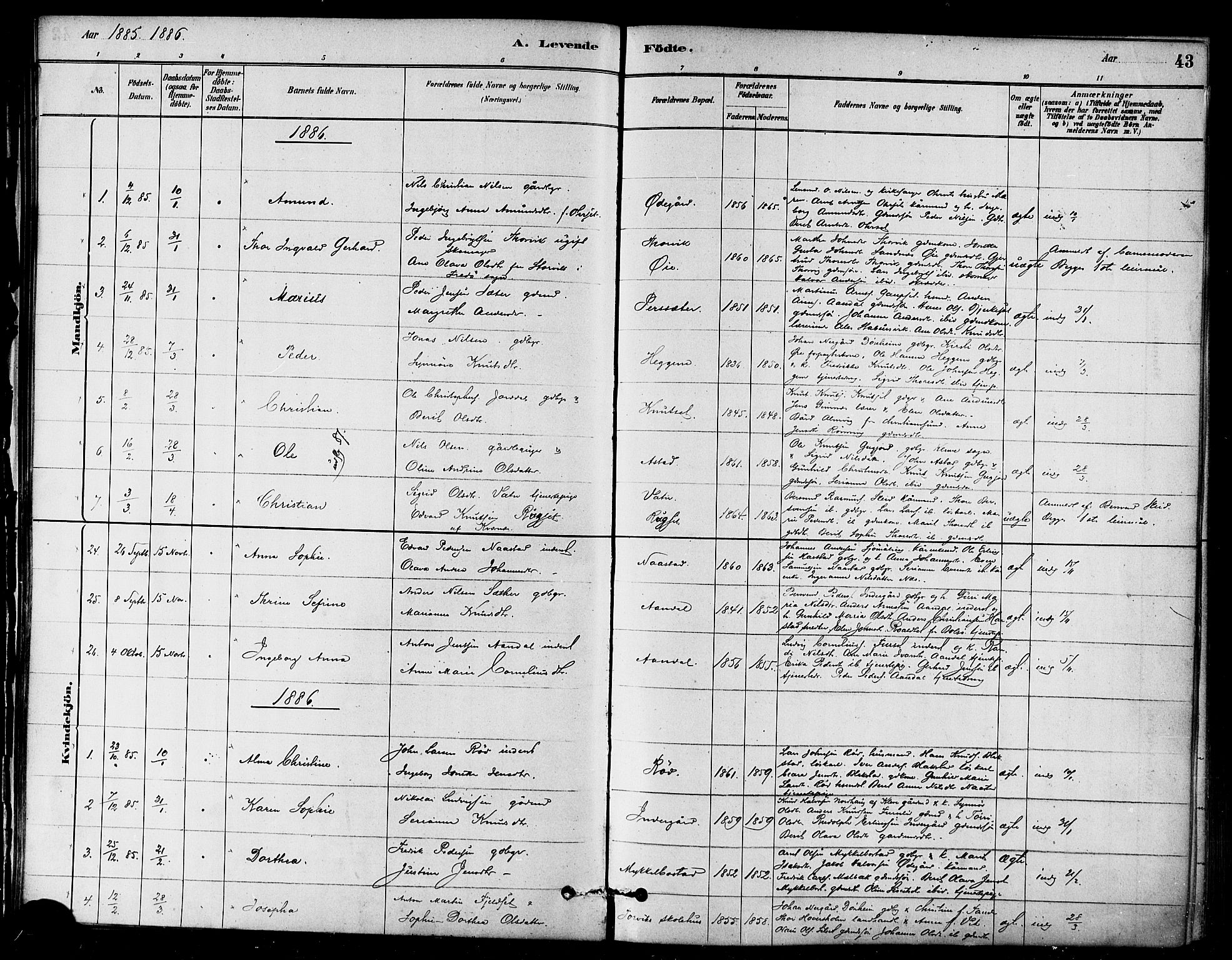 Ministerialprotokoller, klokkerbøker og fødselsregistre - Møre og Romsdal, SAT/A-1454/584/L0967: Parish register (official) no. 584A07, 1879-1894, p. 43
