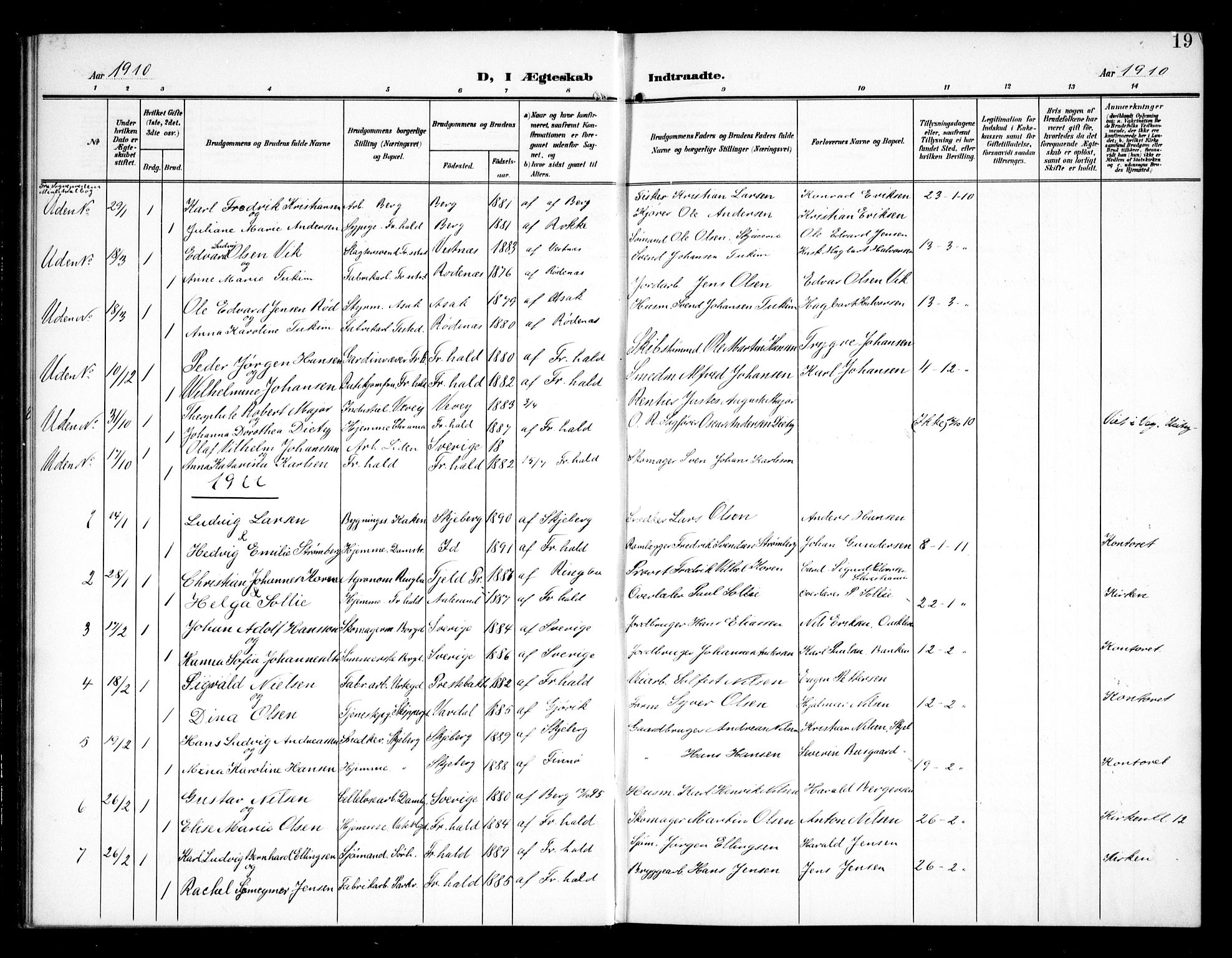 Halden prestekontor Kirkebøker, SAO/A-10909/G/Ga/L0011: Parish register (copy) no. 11, 1906-1934, p. 19