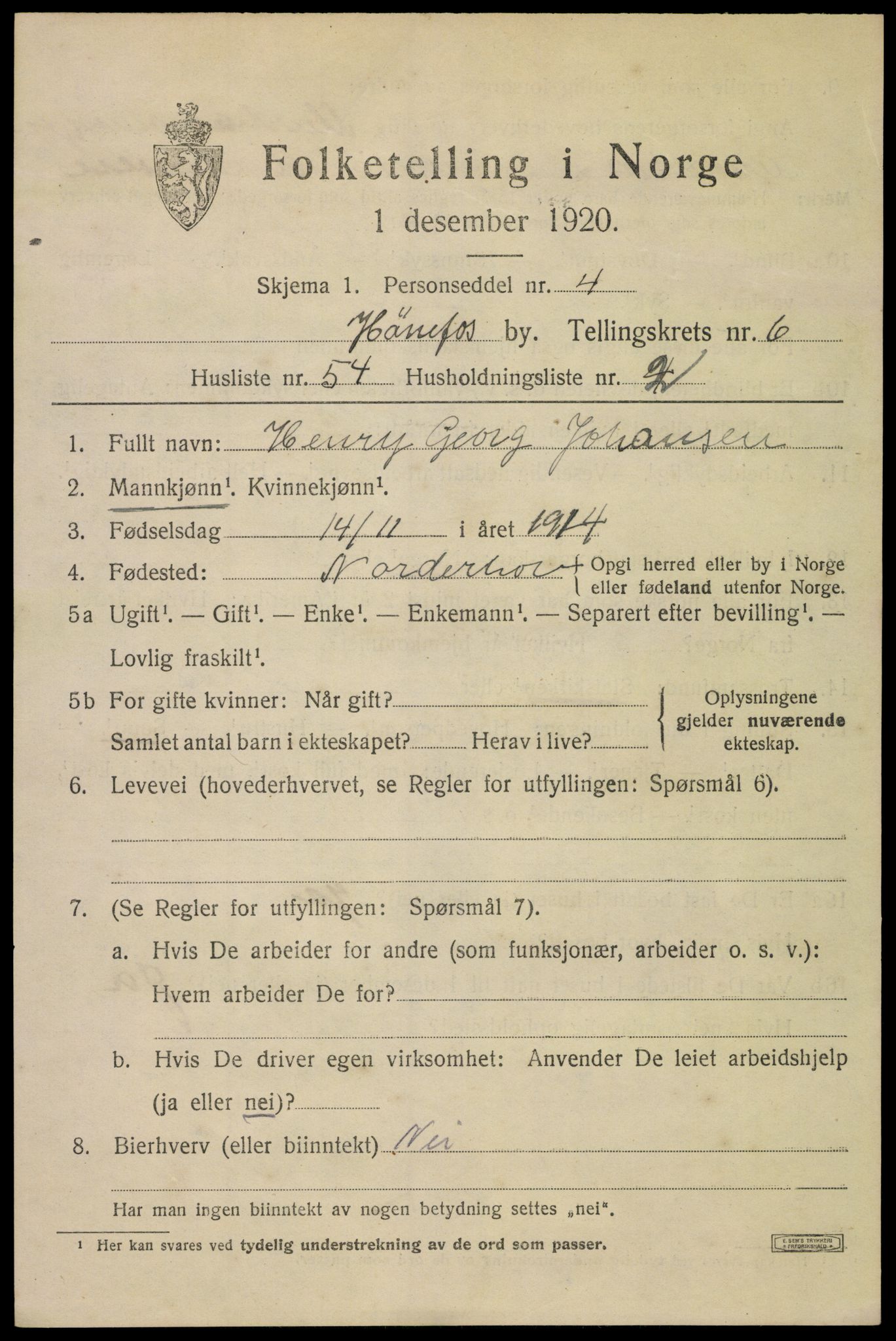 SAKO, 1920 census for Hønefoss, 1920, p. 7846