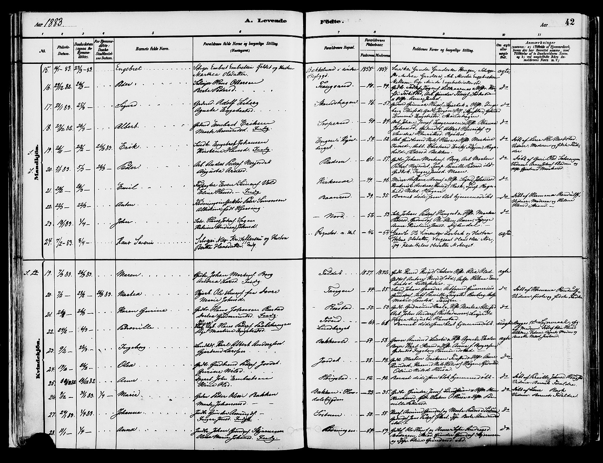 Elverum prestekontor, AV/SAH-PREST-044/H/Ha/Haa/L0013: Parish register (official) no. 13, 1880-1890, p. 42