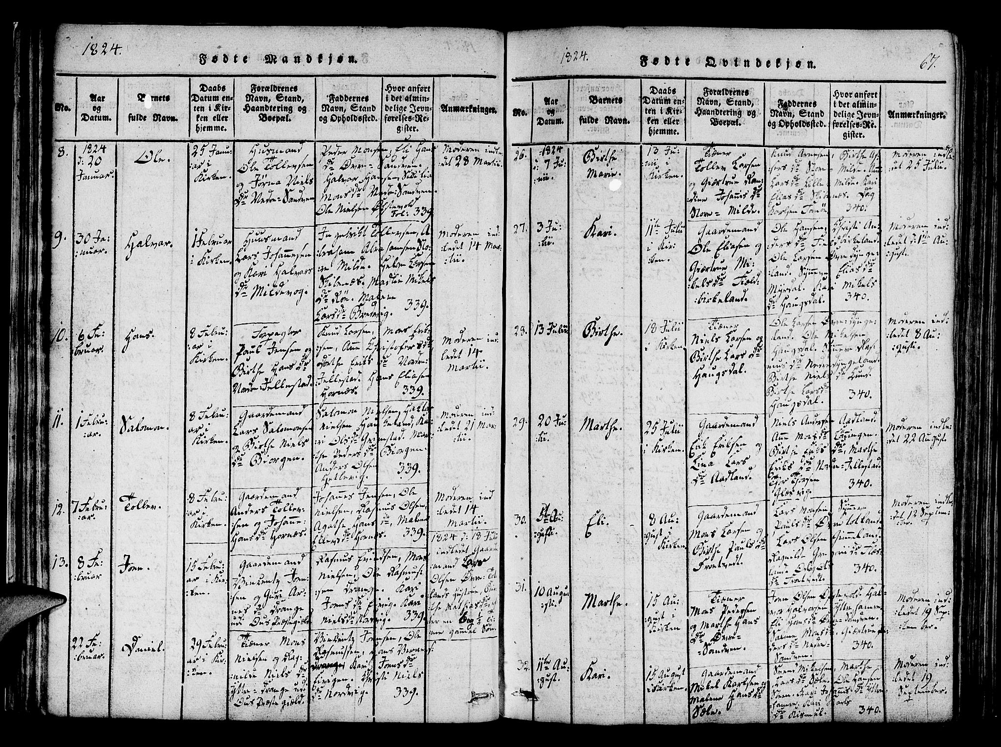 Fana Sokneprestembete, AV/SAB-A-75101/H/Haa/Haaa/L0007: Parish register (official) no. A 7, 1816-1828, p. 67