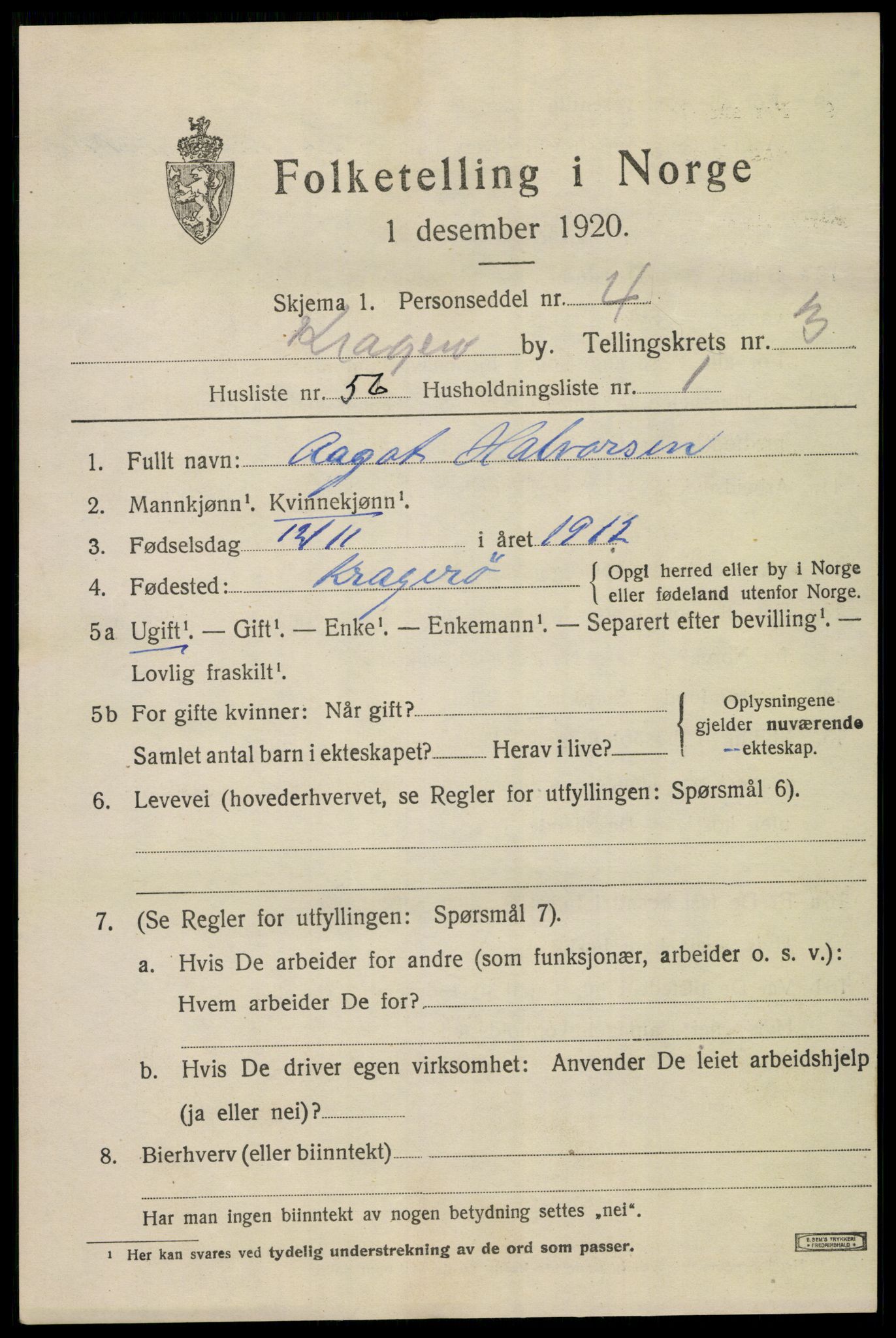 SAKO, 1920 census for Kragerø, 1920, p. 7693