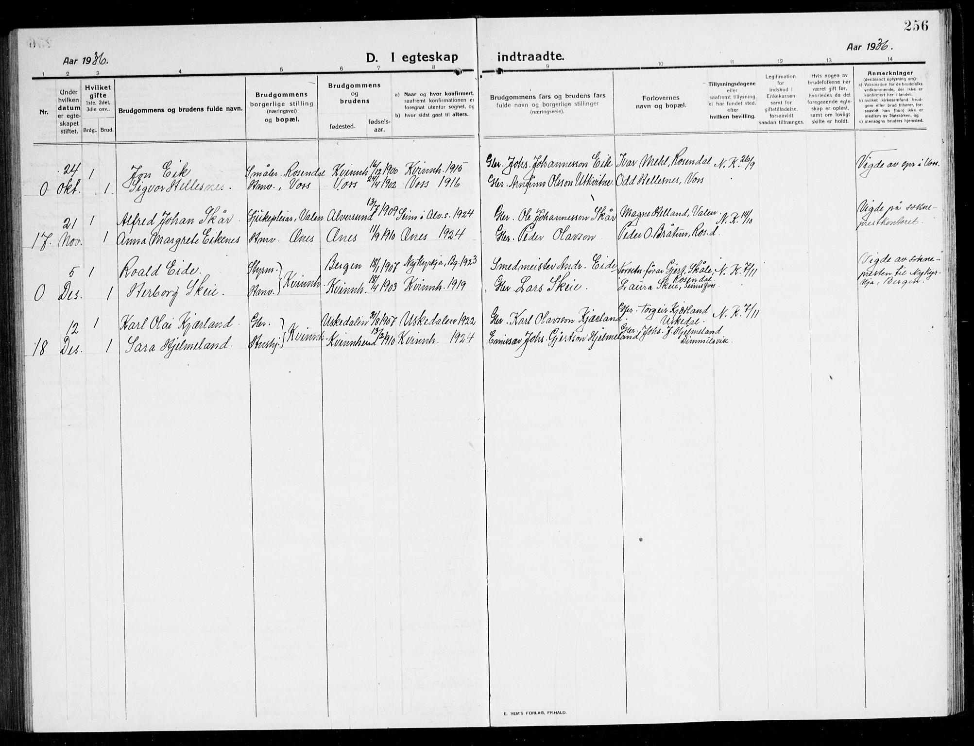 Kvinnherad sokneprestembete, SAB/A-76401/H/Hab: Parish register (copy) no. A 3, 1911-1945, p. 256
