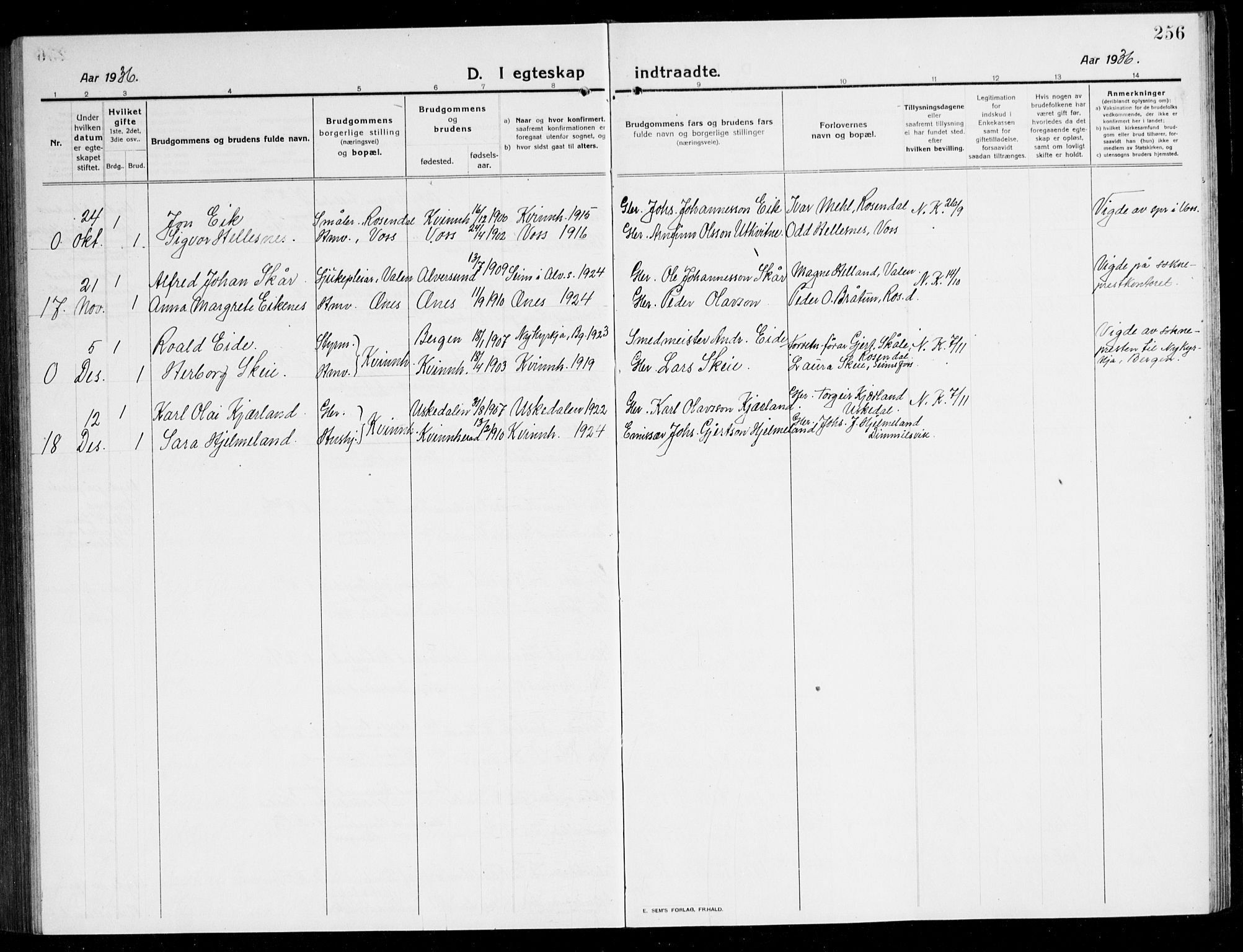 Kvinnherad sokneprestembete, AV/SAB-A-76401/H/Hab: Parish register (copy) no. A 3, 1911-1945, p. 256