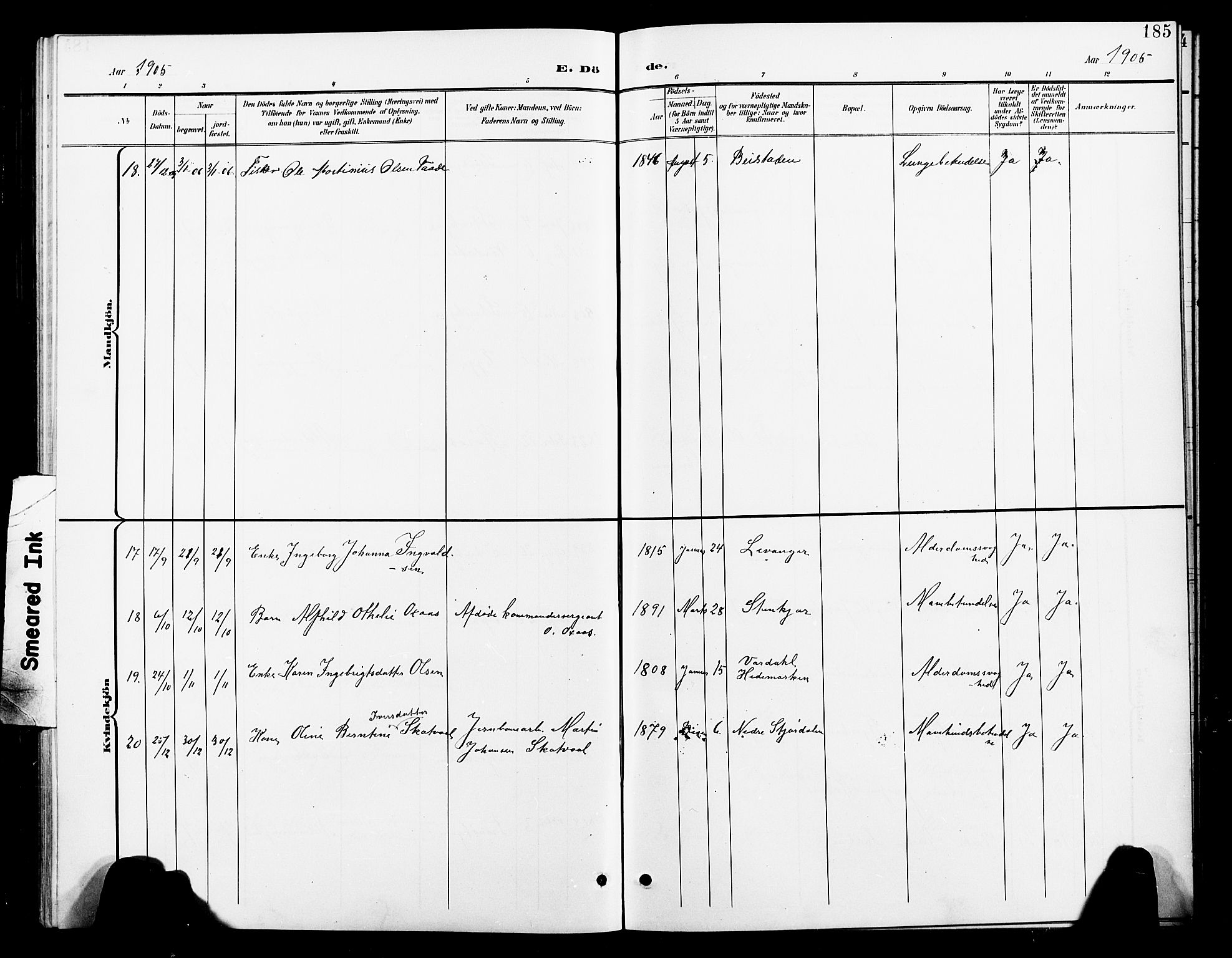 Ministerialprotokoller, klokkerbøker og fødselsregistre - Nord-Trøndelag, SAT/A-1458/739/L0375: Parish register (copy) no. 739C03, 1898-1908, p. 185