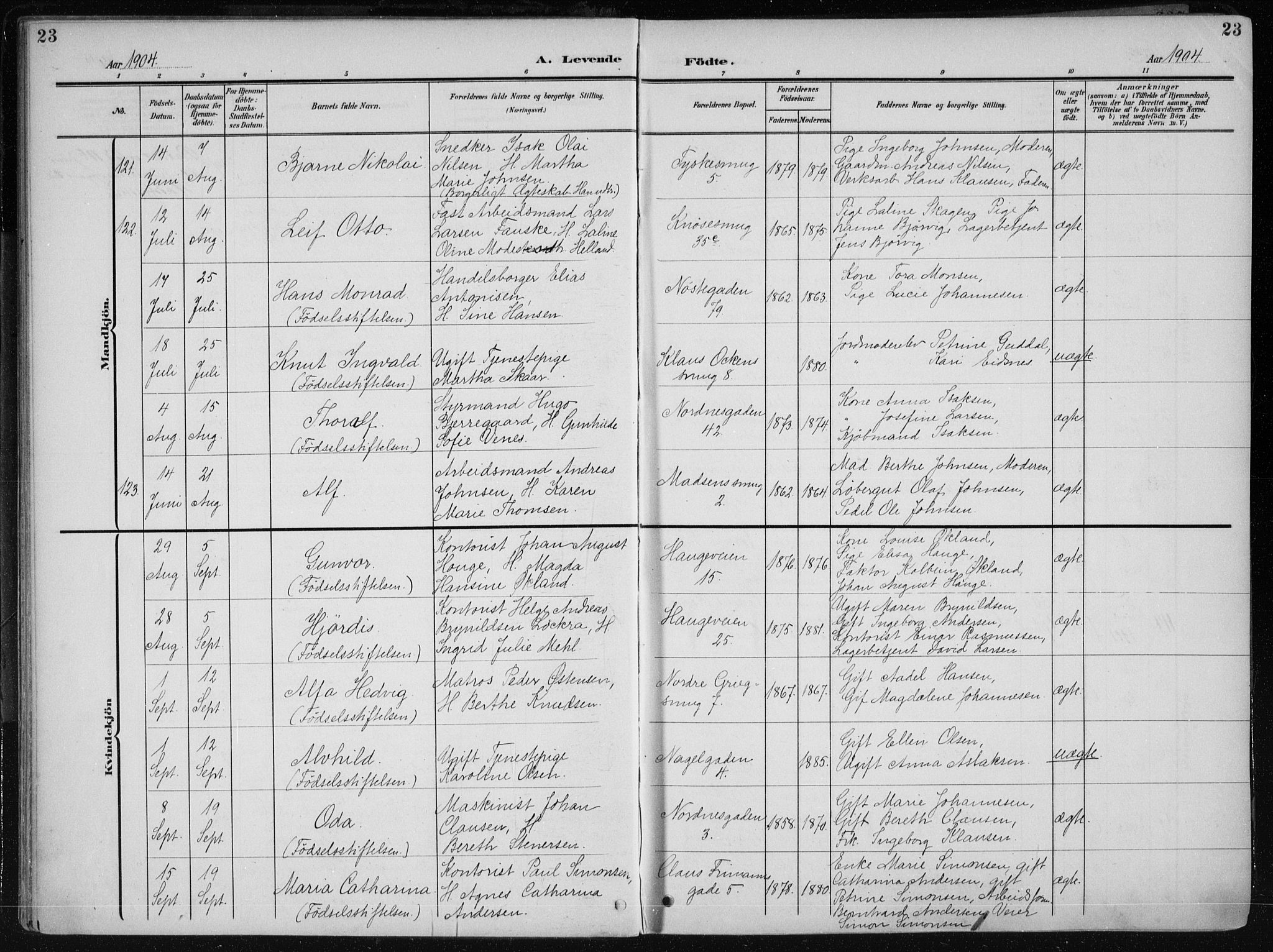 Nykirken Sokneprestembete, AV/SAB-A-77101/H/Haa/L0019: Parish register (official) no. B 7, 1904-1916, p. 23
