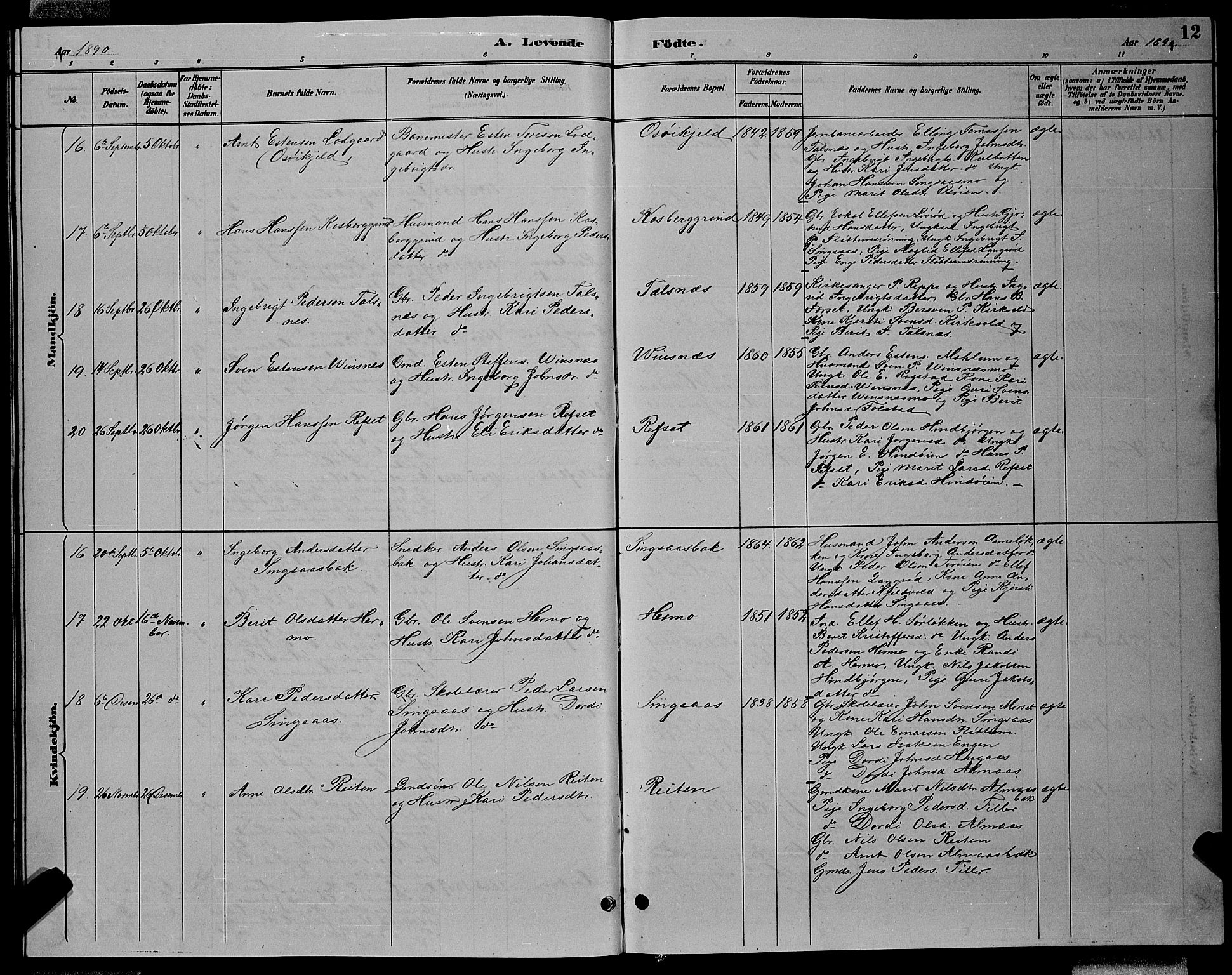 Ministerialprotokoller, klokkerbøker og fødselsregistre - Sør-Trøndelag, AV/SAT-A-1456/688/L1028: Parish register (copy) no. 688C03, 1889-1899, p. 12