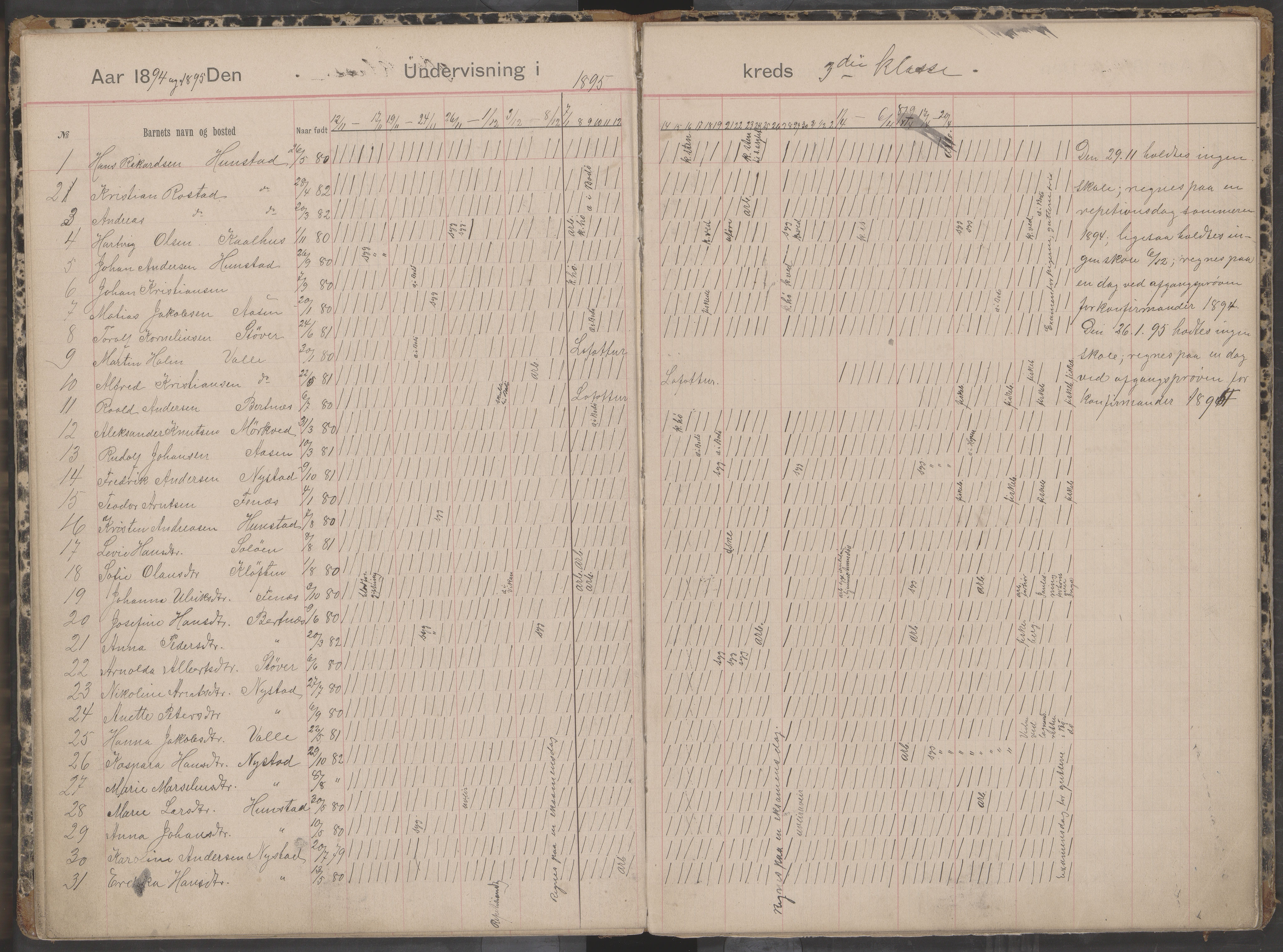 Bodin kommune. Støver skolekrets, AIN/K-18431.510.07/F/Fa/L0001: Dagbok for skolehold og skolesøkning, 1892-1905