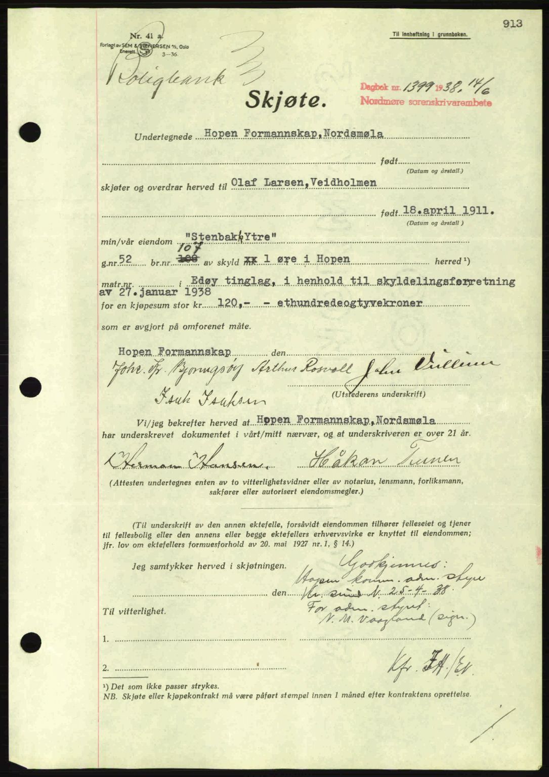 Nordmøre sorenskriveri, AV/SAT-A-4132/1/2/2Ca: Mortgage book no. A83, 1938-1938, Diary no: : 1399/1938