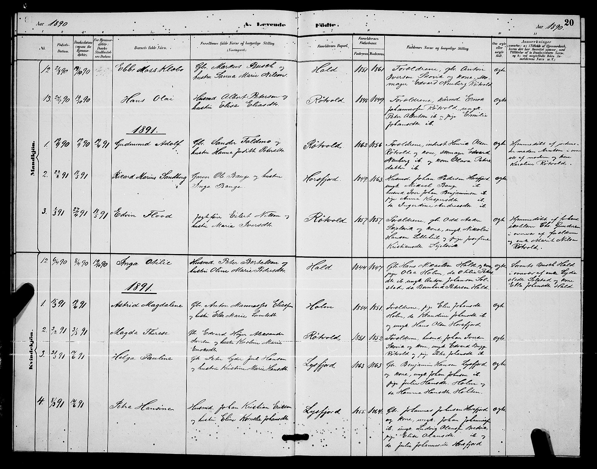 Ministerialprotokoller, klokkerbøker og fødselsregistre - Nordland, SAT/A-1459/811/L0169: Parish register (copy) no. 811C01, 1884-1894, p. 20