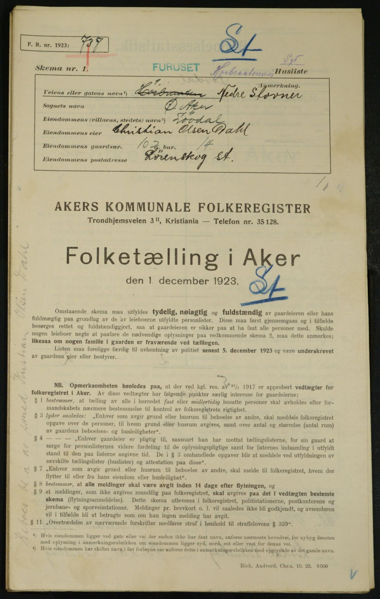 , Municipal Census 1923 for Aker, 1923, p. 27558