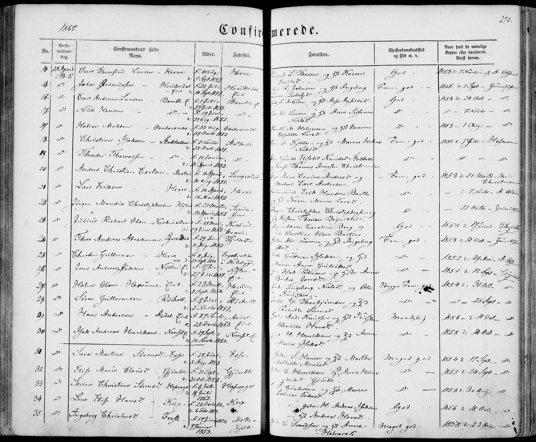 Bamble kirkebøker, SAKO/A-253/F/Fa/L0005: Parish register (official) no. I 5, 1854-1869, p. 270
