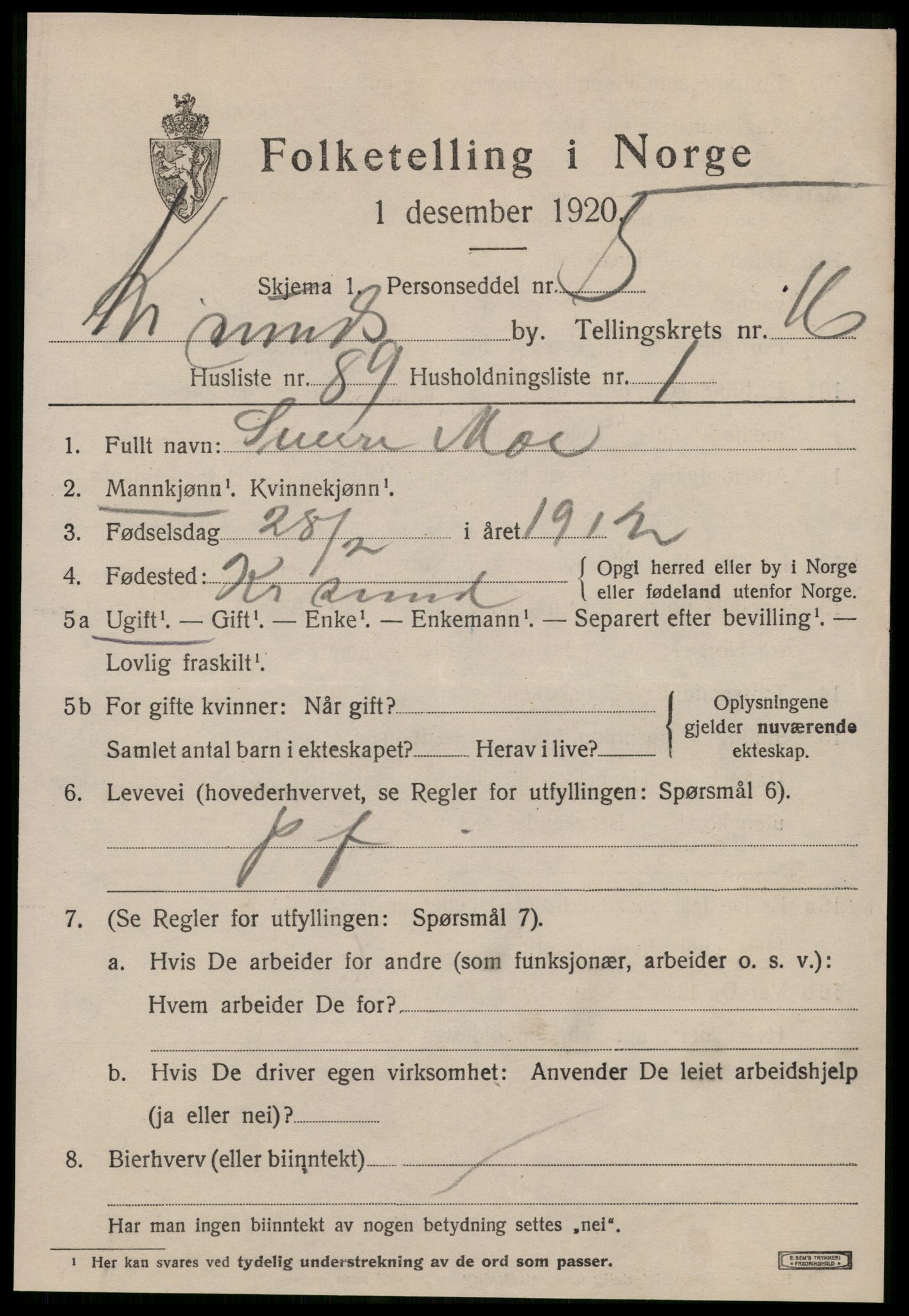 SAT, 1920 census for Kristiansund, 1920, p. 35889