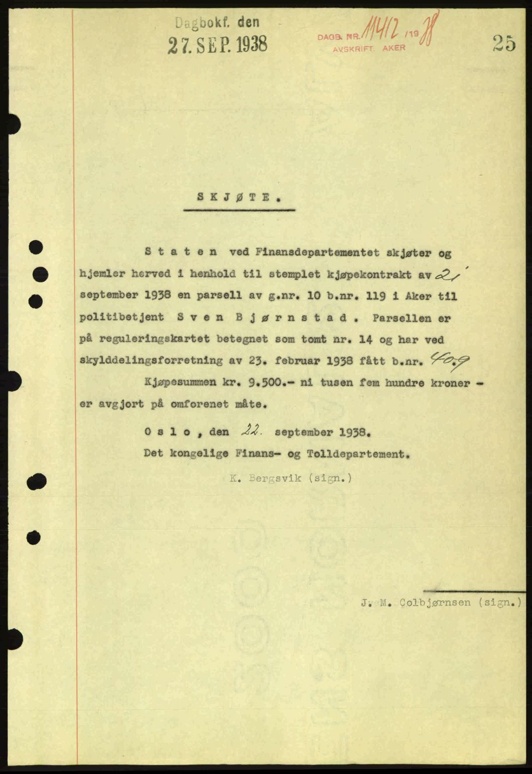 Aker herredsskriveri, SAO/A-10896/G/Gb/Gba/Gbab/L0025: Mortgage book no. A154-155, 1938-1938, Diary no: : 11412/1938