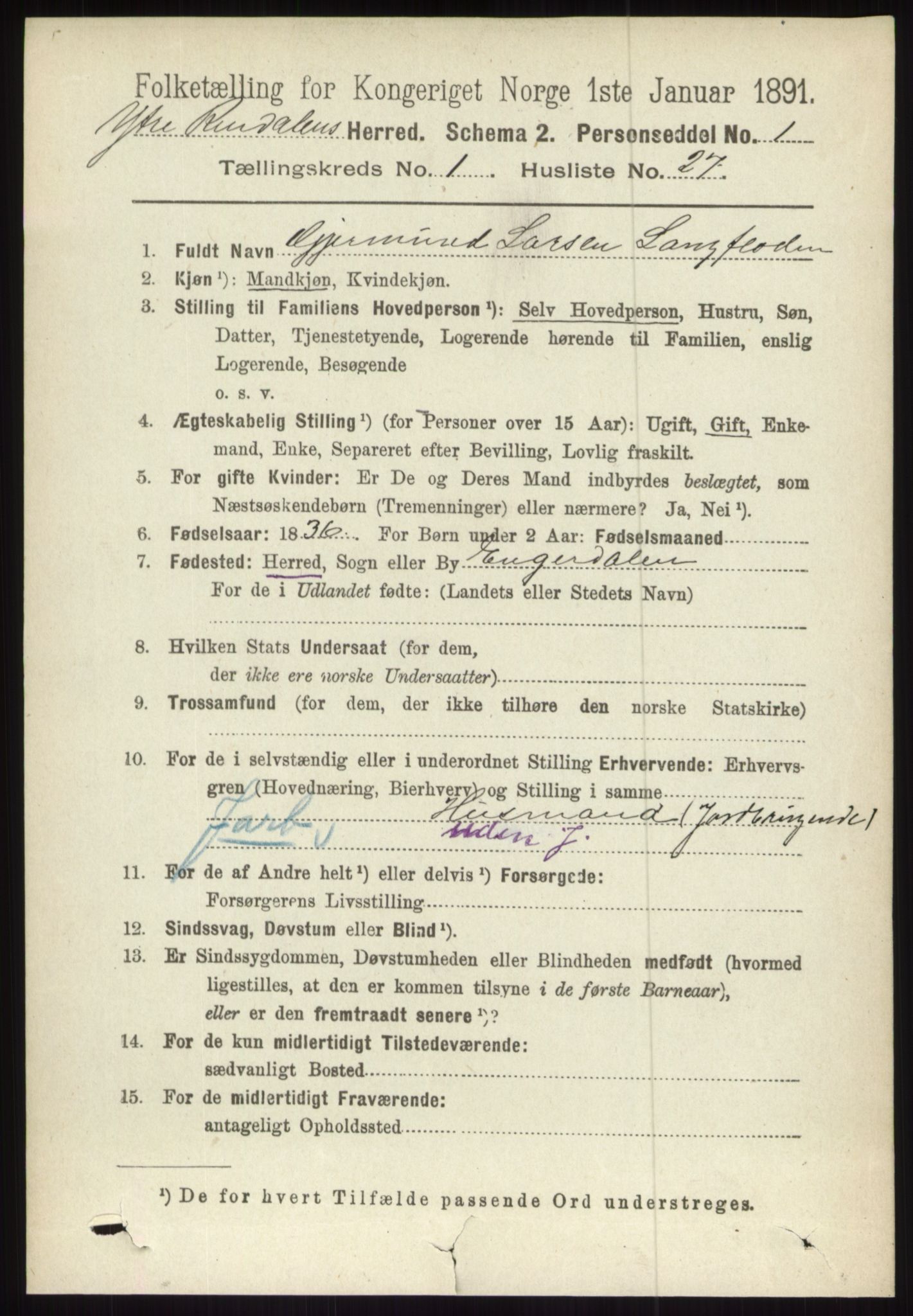 RA, 1891 census for 0432 Ytre Rendal, 1891, p. 264