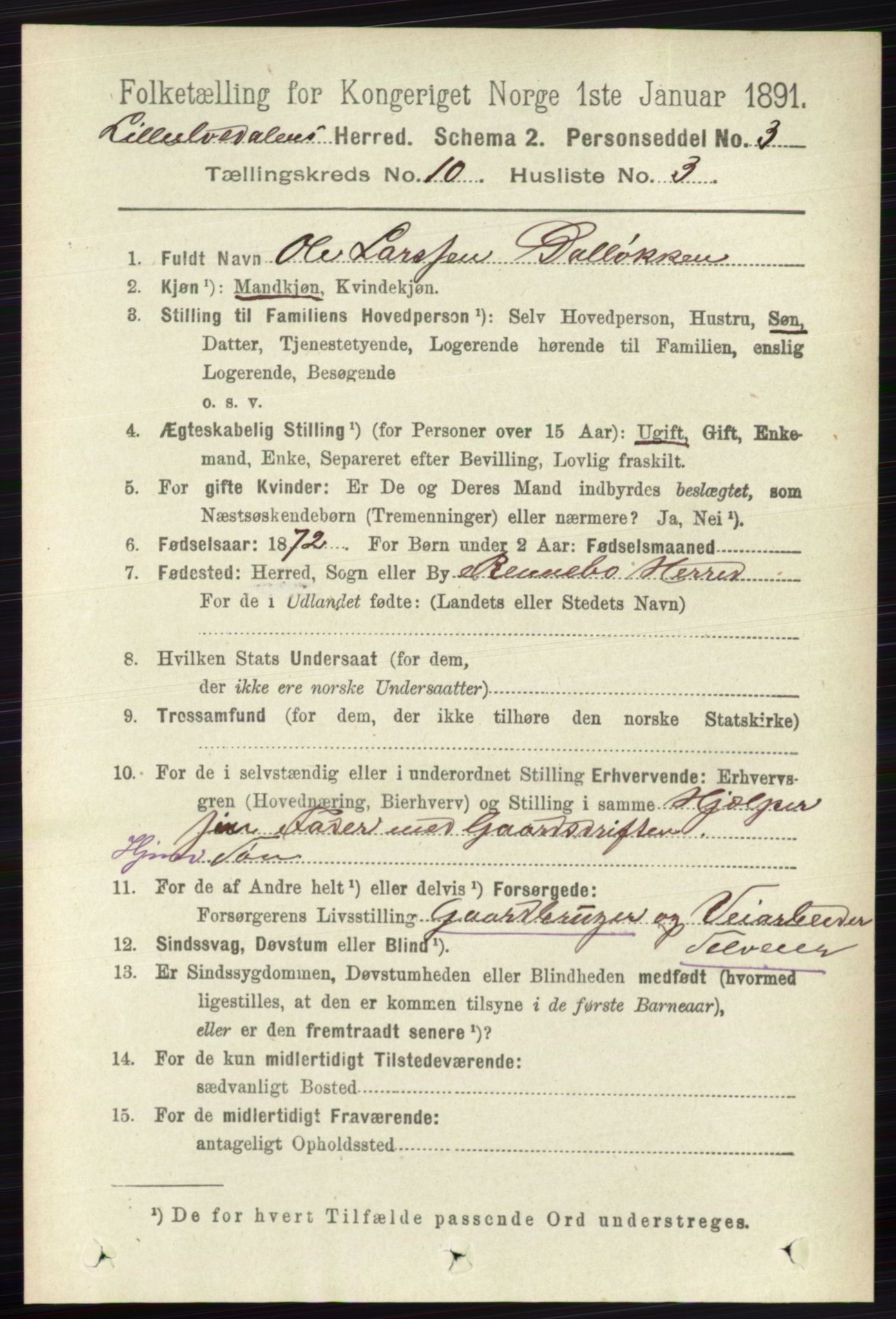 RA, 1891 census for 0438 Lille Elvedalen, 1891, p. 3434