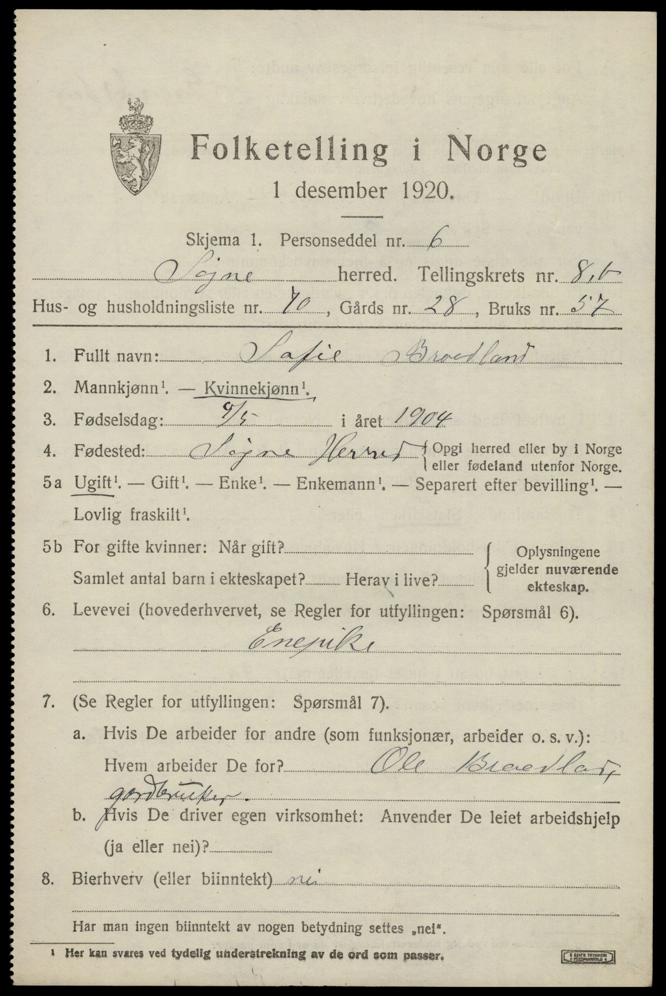 SAK, 1920 census for Søgne, 1920, p. 5285