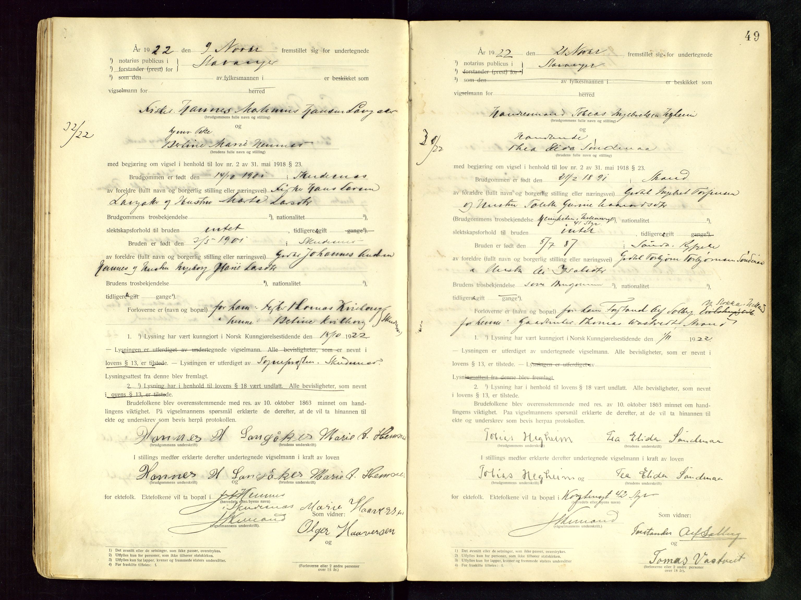 Stavanger byfogd, AV/SAST-A-101408/001/6/62/62BB/L0001: Vigselsprotokoll, 1920-1926, p. 49