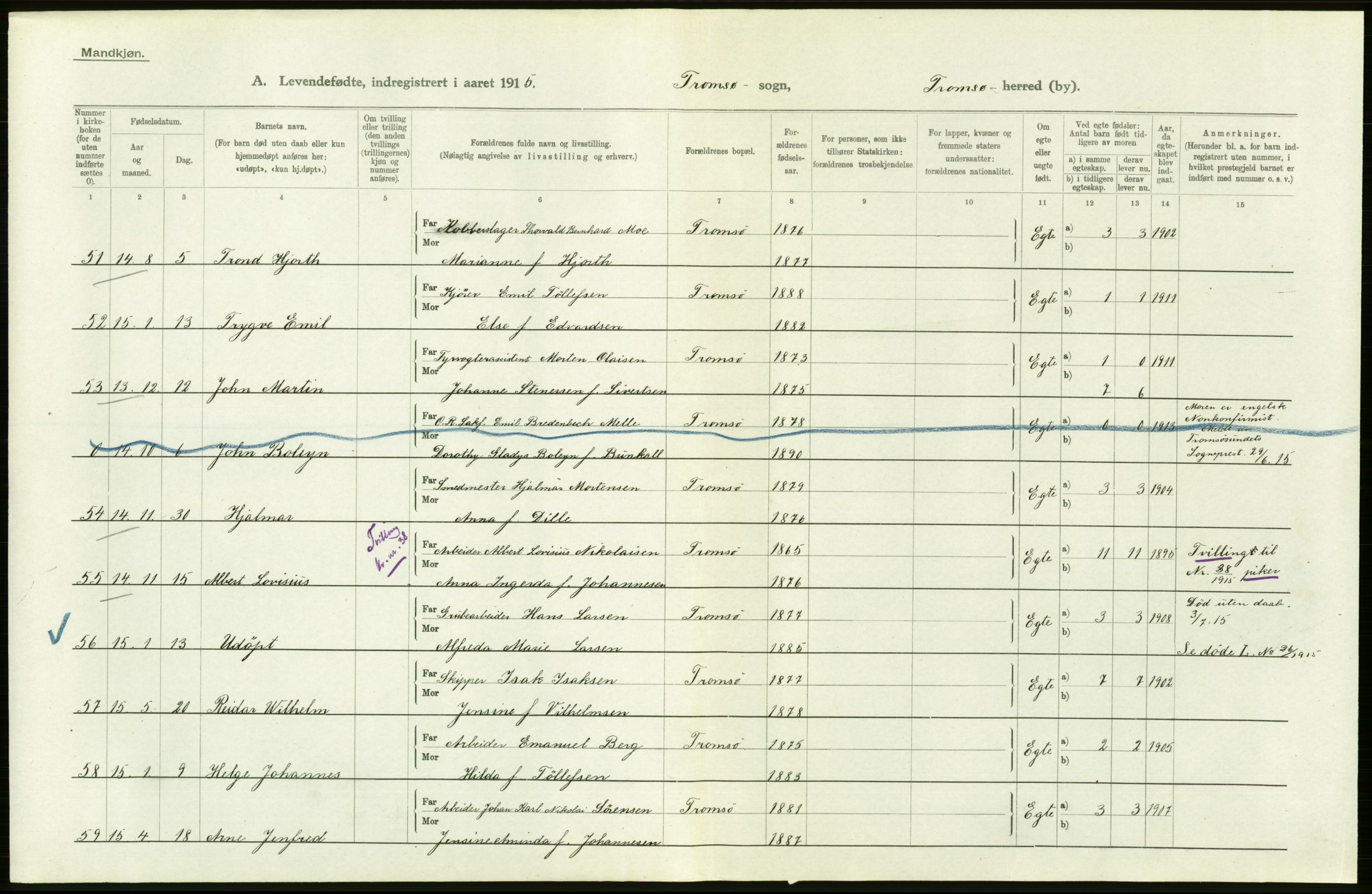 Statistisk sentralbyrå, Sosiodemografiske emner, Befolkning, AV/RA-S-2228/D/Df/Dfb/Dfbe/L0051: Tromsø amt: Levendefødte menn og kvinner. Bygder og byer., 1915, p. 42