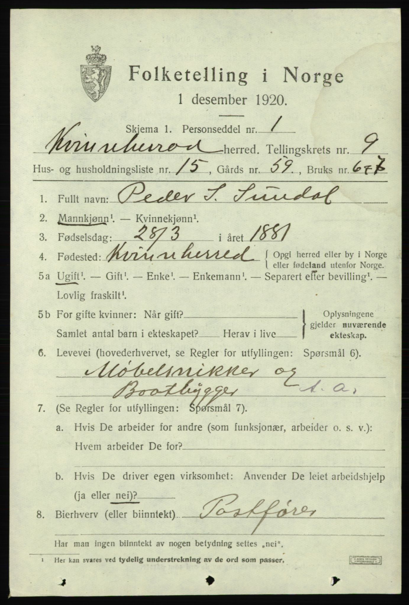 SAB, 1920 census for Kvinnherad, 1920, p. 6896