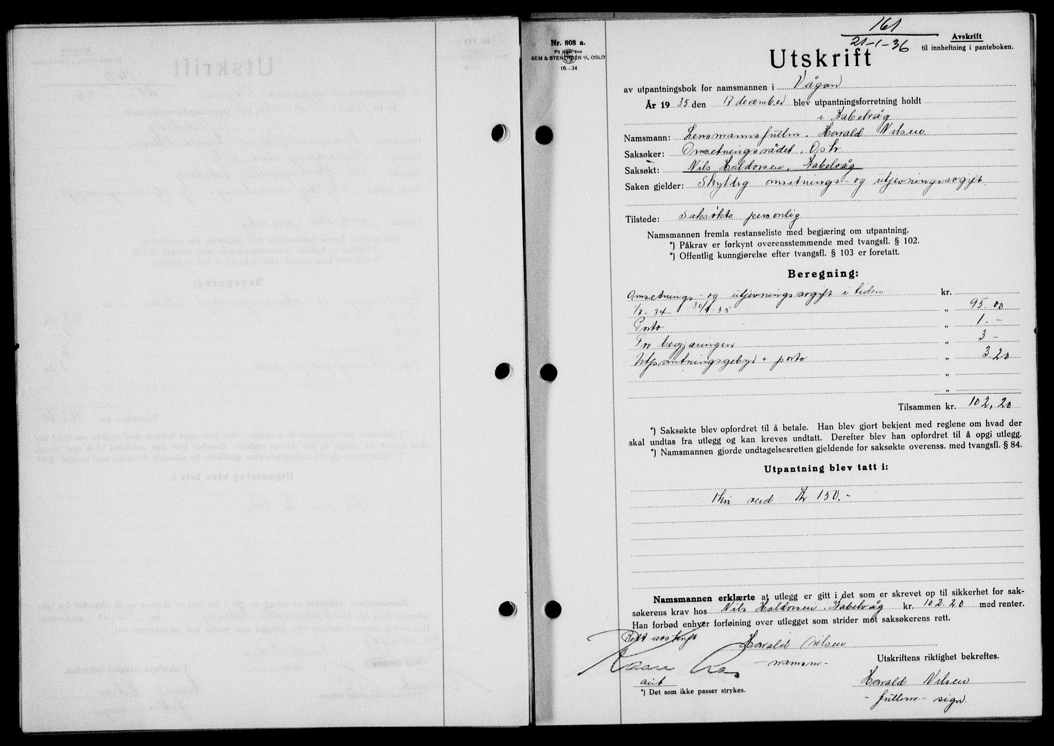 Lofoten sorenskriveri, SAT/A-0017/1/2/2C/L0033b: Mortgage book no. 33b, 1936-1936, Diary no: : 161/1936