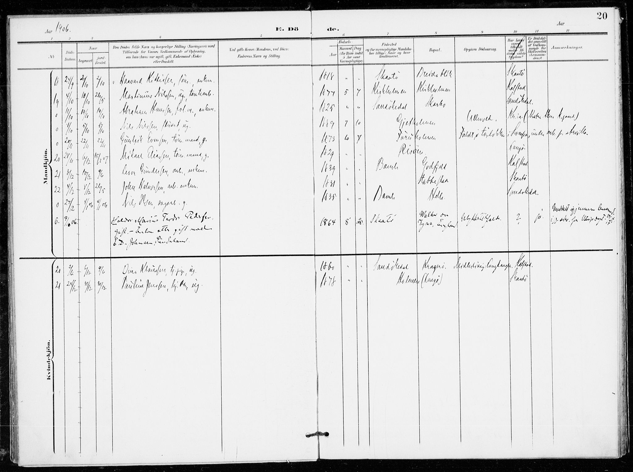 Skåtøy kirkebøker, AV/SAKO-A-304/F/Fa/L0005: Parish register (official) no. I 5, 1901-1923, p. 20