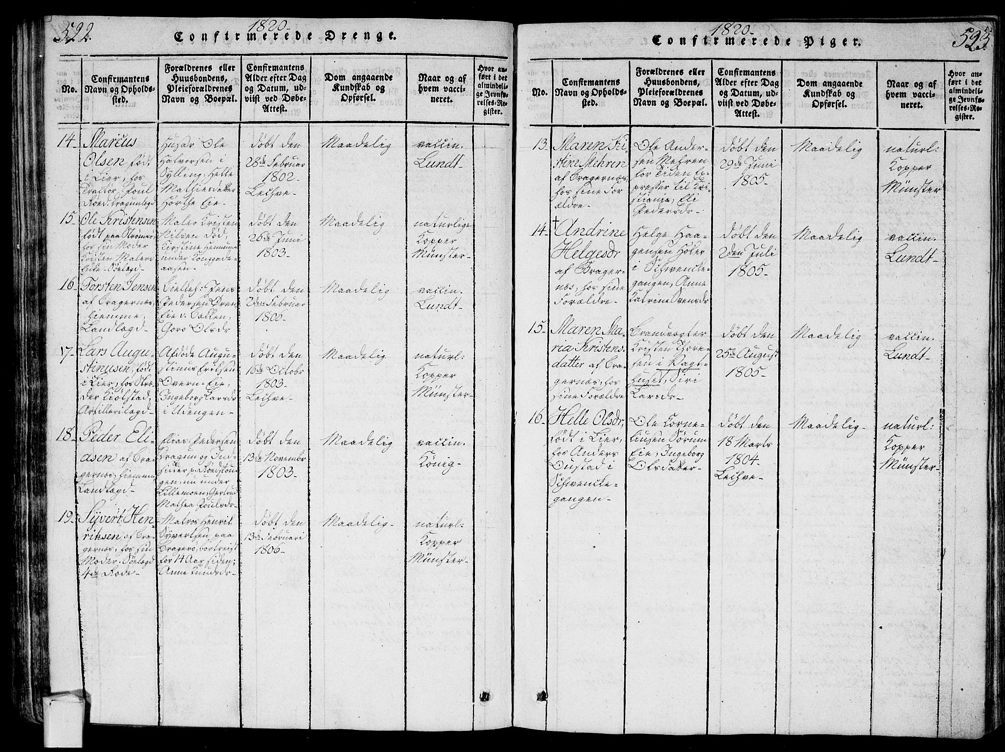 Bragernes kirkebøker, AV/SAKO-A-6/G/Ga/L0001: Parish register (copy) no. 1, 1815-1829, p. 522-523