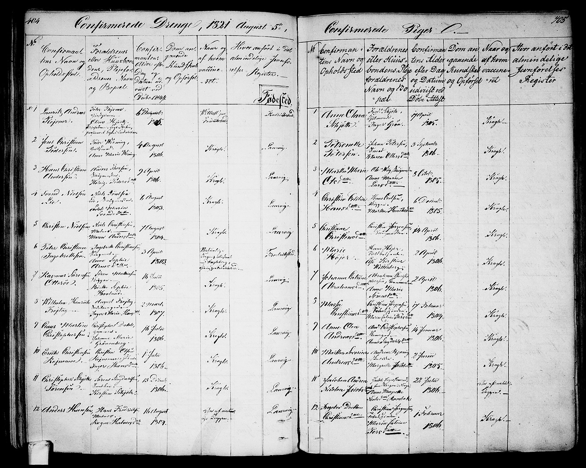 Larvik kirkebøker, AV/SAKO-A-352/G/Ga/L0002: Parish register (copy) no. I 2, 1807-1830, p. 404-405