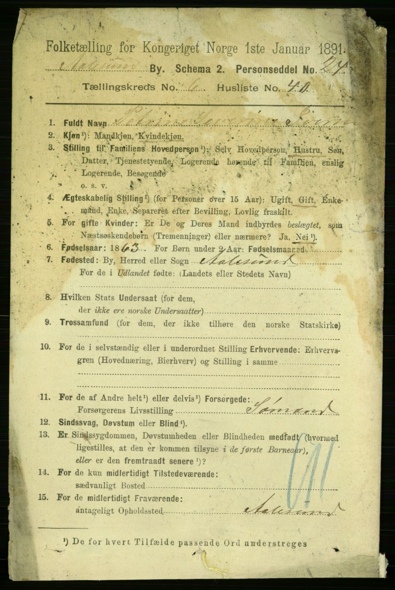 RA, 1891 census for 1501 Ålesund, 1891, p. 5274